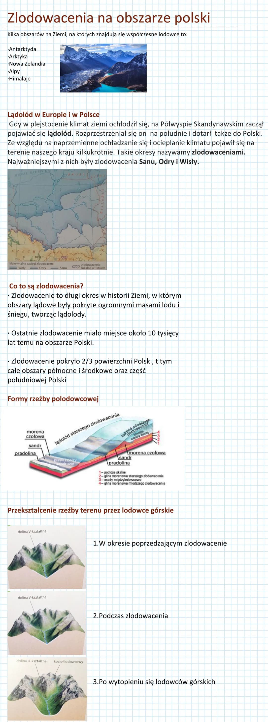 Zlodowacenia na obszarze polski
Kilka obszarów na Ziemi, na których znajdują się współczesne lodowce to:
Antarktyda
Arktyka
Nowa Zelandia
Al