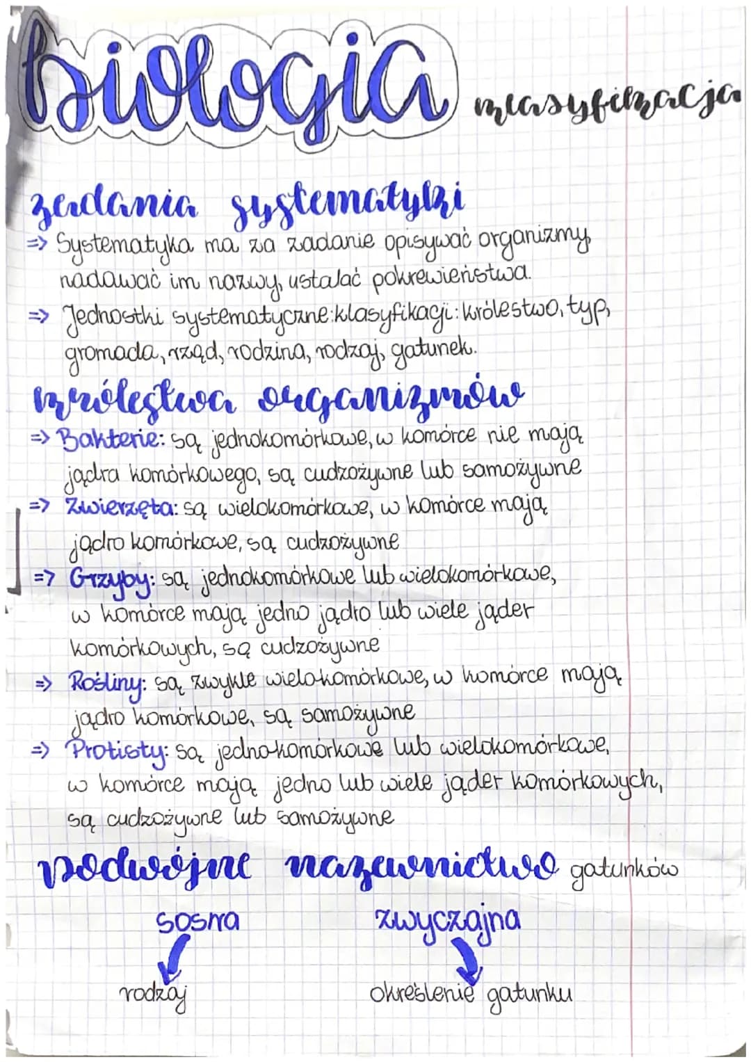biologia
zerdania systematylzi
=> Systematyka ma za zadanie opisywać organizmy.
ustalać pokrewieństwa.
nadawać im
mlasyfimacja
nazwy,
=> Jed