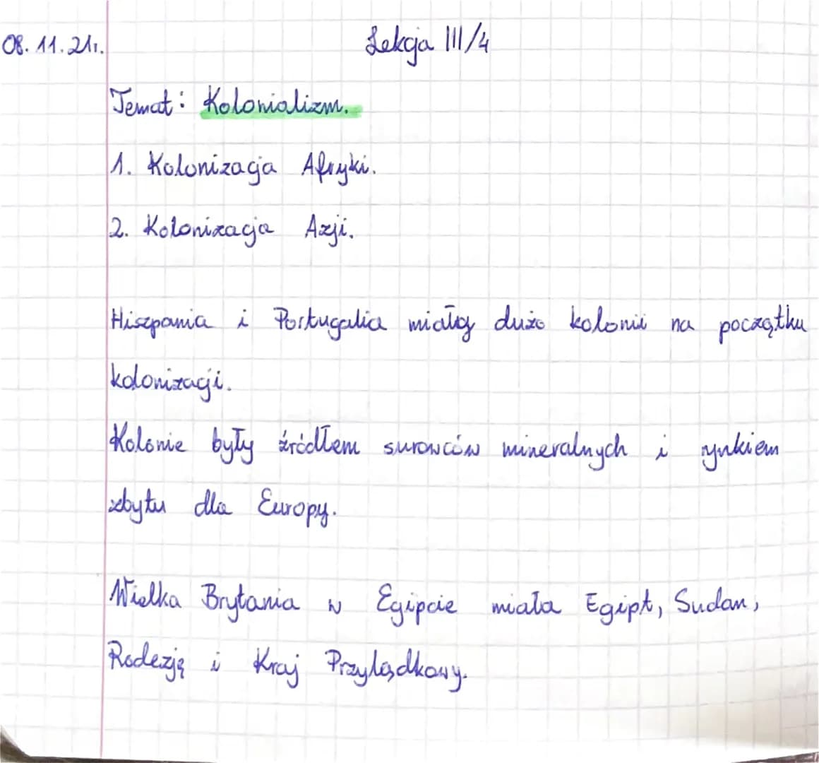 08.11.211.
Lekcja 111/4
Temat: Kolonializm.
1. Kolonizacja Afryki.
2. Kolonizacja Aji.
Hiszpania i Portugalia miały dużo kolonii na
koloniza