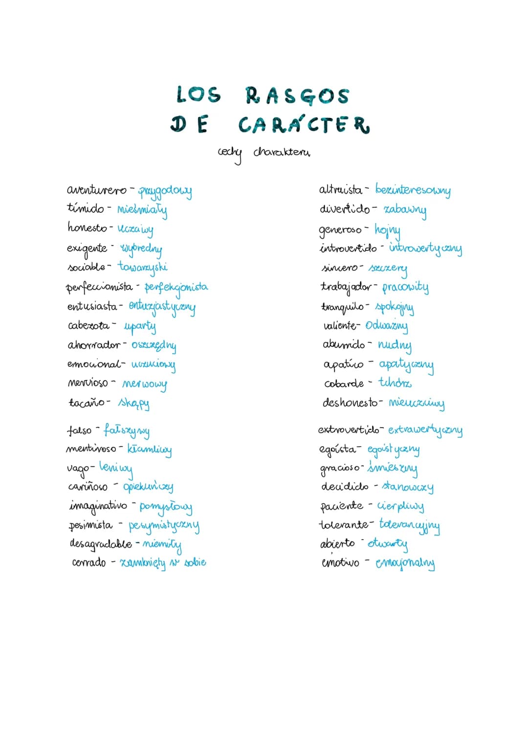 LOS RASGOS
DE CARACTER
cechy charaktery
aventurero-przygodowy
tímido - mieśmiały
honesto- uczawy
exigente - wybredny
sociable-towarzyski
per