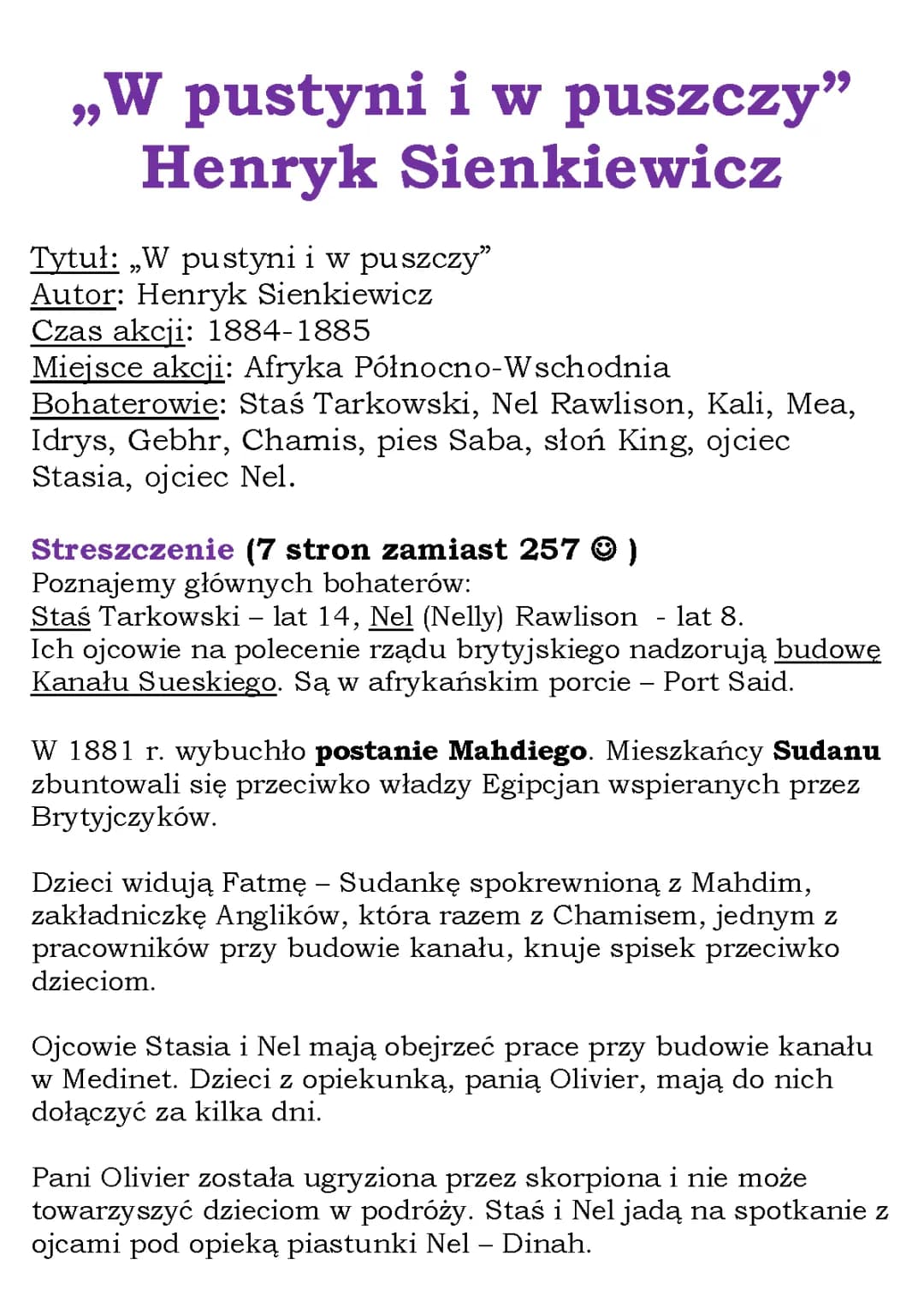 Streszczenie „W pustyni i w puszczy” - quiz, bohaterowie, czas akcji