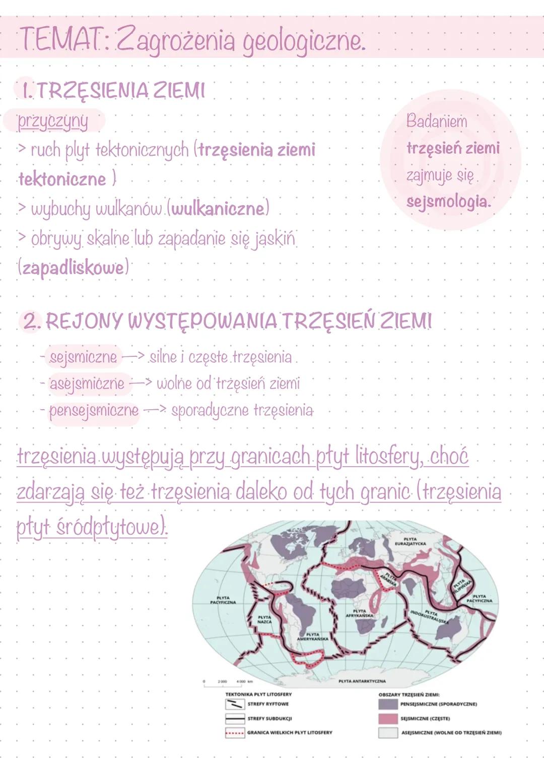 TEMAT: Zagrożenia geologiczne.
1.TRZĘSIENIA ZIEMI
przyczyny
> ruch plyt tektonicznych (trzęsienia ziemi
tektoniczne)
> wybuchy wulkanów (wul
