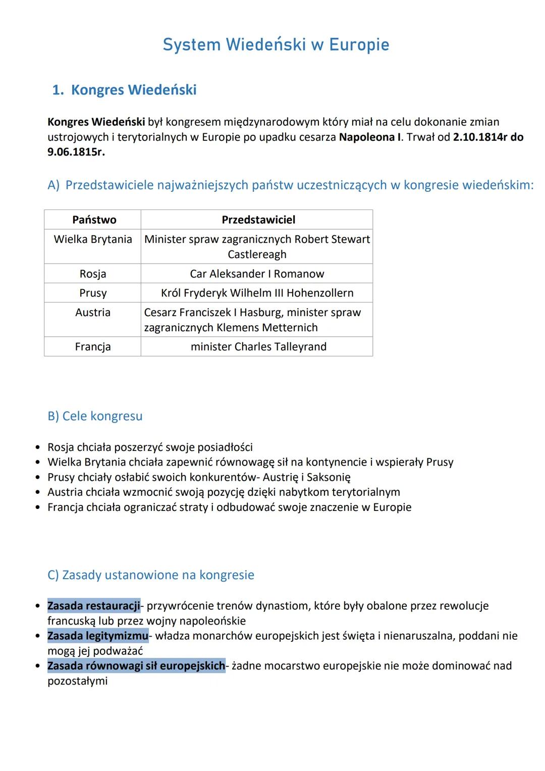 ●
●
●
●
1. Kongres Wiedeński
Kongres Wiedeński był kongresem międzynarodowym który miał na celu dokonanie zmian
ustrojowych i terytorialnych
