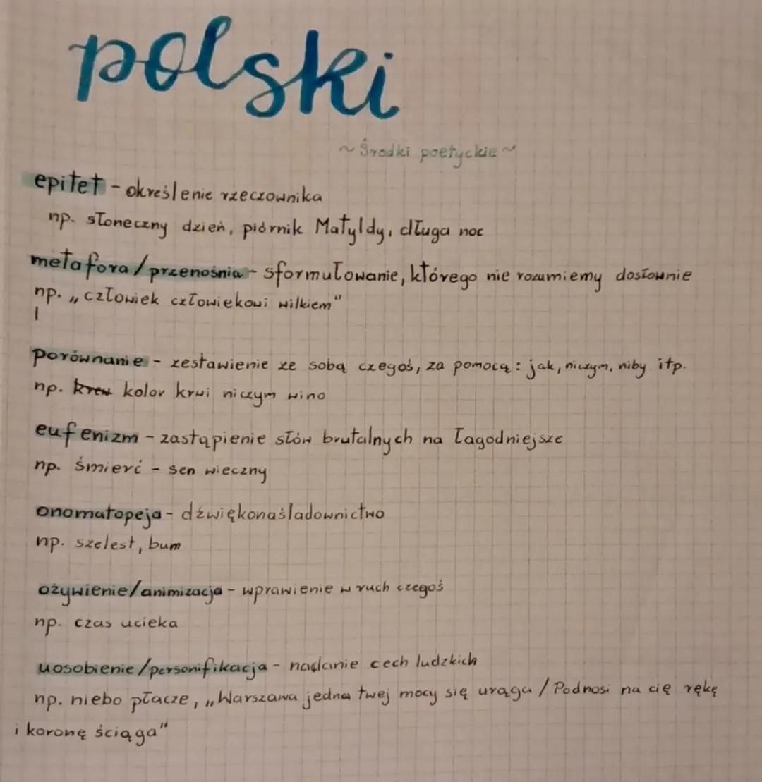 polski

~Środki poetyckie

epitet - określenie rzeczownika
np. słoneczny dzień, piórnik Matyldy, długa noc

metafora/przenośnia - sformułowa