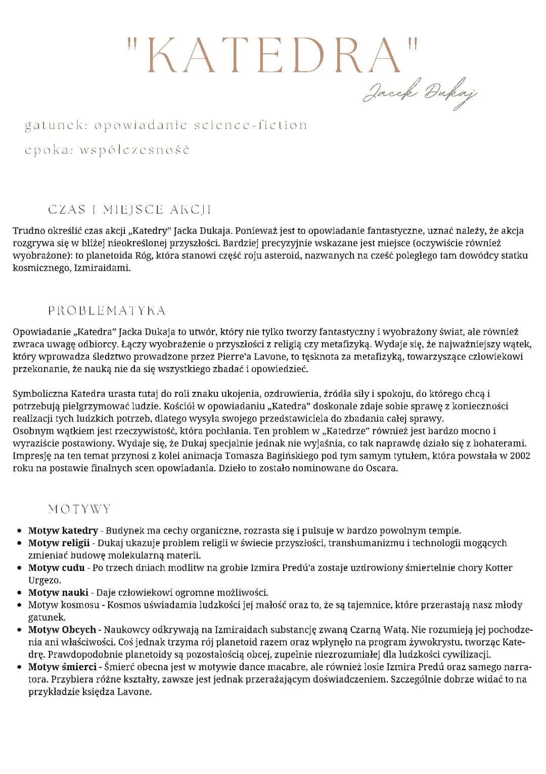 Analiza opowiadania 'Katedra' Jaceka Dukaja - motywy religijne i kosmiczne