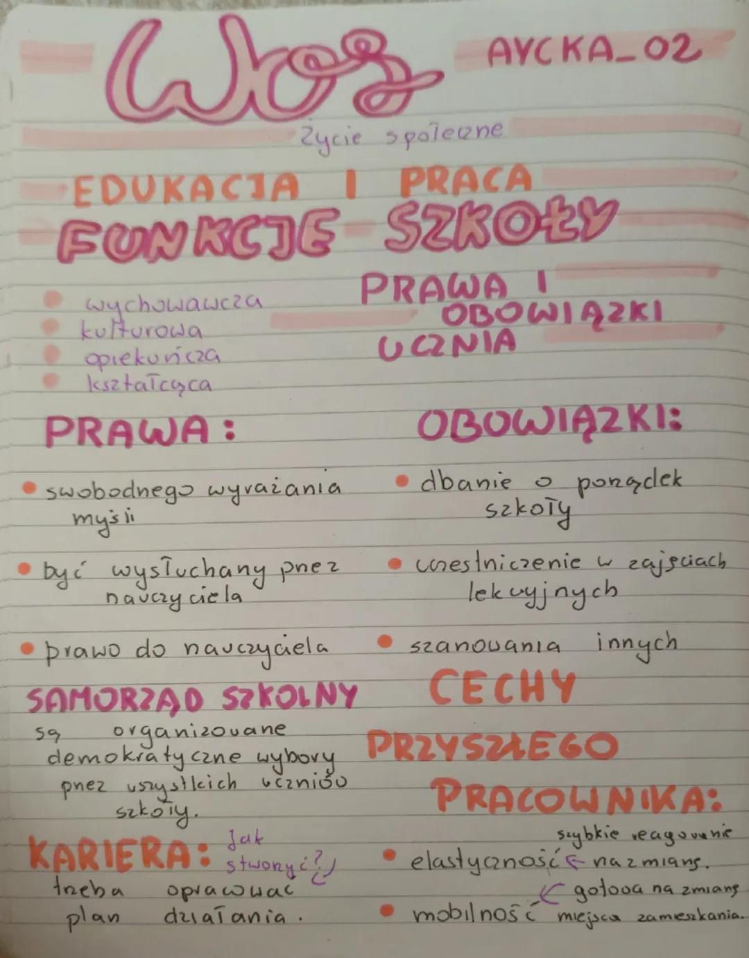 # Wos
AVCKA-02
Zycie społeczne
EDUKACJA I PRACA
FUNKCJE SZKOŁY
- wychowawcza
- kulturowa
- opiekuńcza
- kształcąca
PRAWA I
OBOWIĄZKI
ΟΩΝΙΑ
P