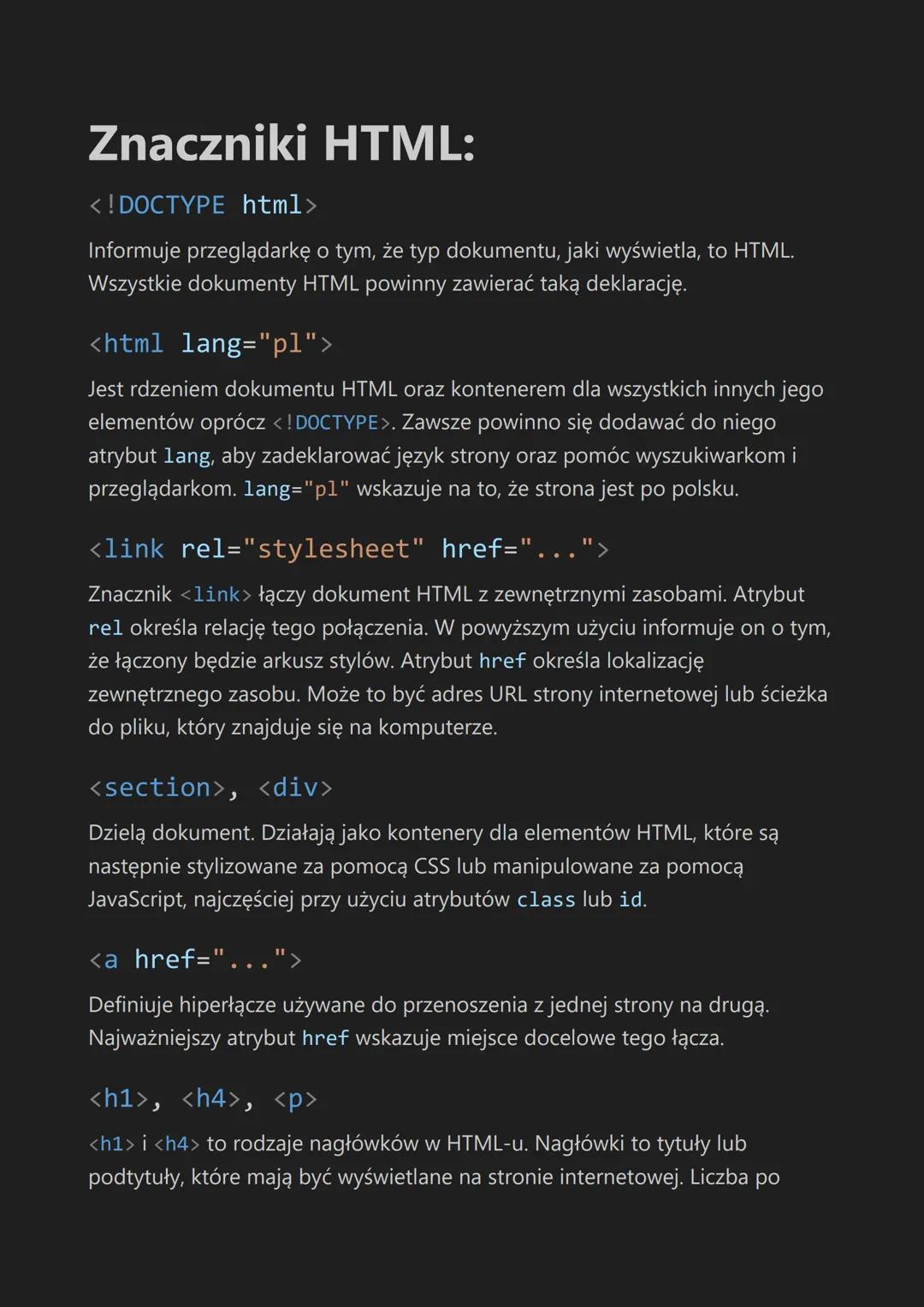 Znaczniki HTML:
<!DOCTYPE html>
Informuje przeglądarkę o tym, że typ dokumentu, jaki wyświetla, to HTML.
Wszystkie dokumenty HTML powinny za