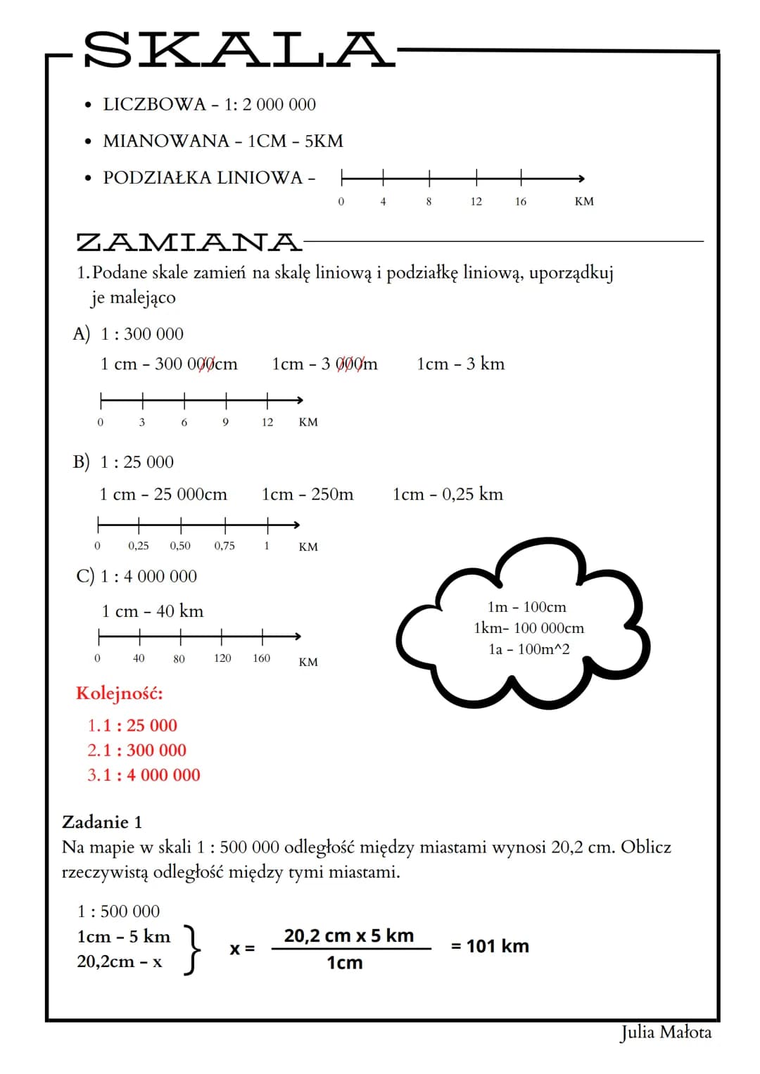 SKALA-
• LICZBOWA - 1: 2 000 000
• MIANOWANA - 1CM - 5KM
• PODZIAŁKA LINIOWA -
A) 1:300 000
0
1 cm - 300 000cm
B) 1:25 000
0
ZAMIANA
1. Poda