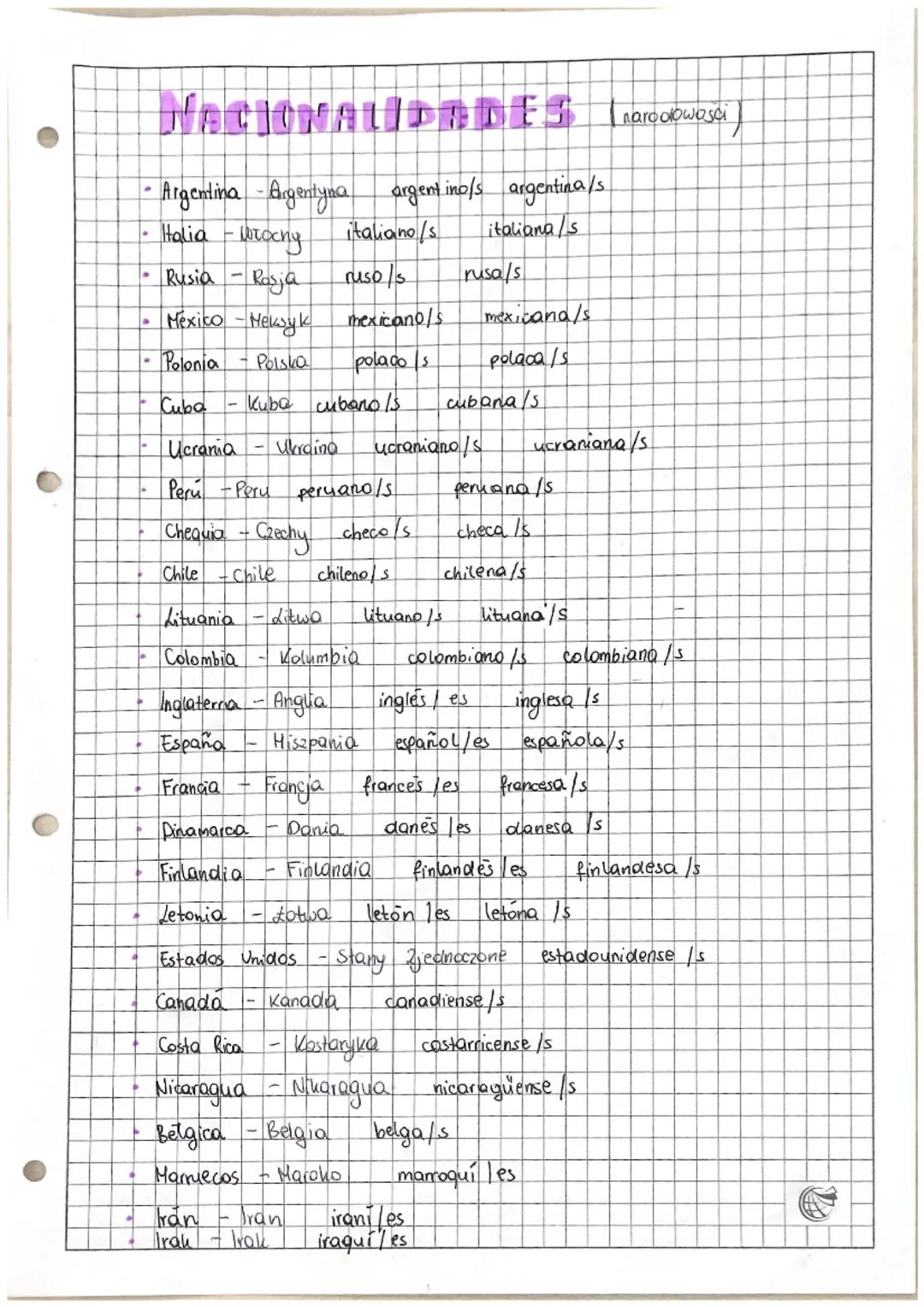 # NACIONALIDIES (naroodwosti)

- Argentina - Argentyna argentino/s argentina/s
- Halia - Wrocny italiano/s italiana/s
- Rusia - Rasja ruso/s