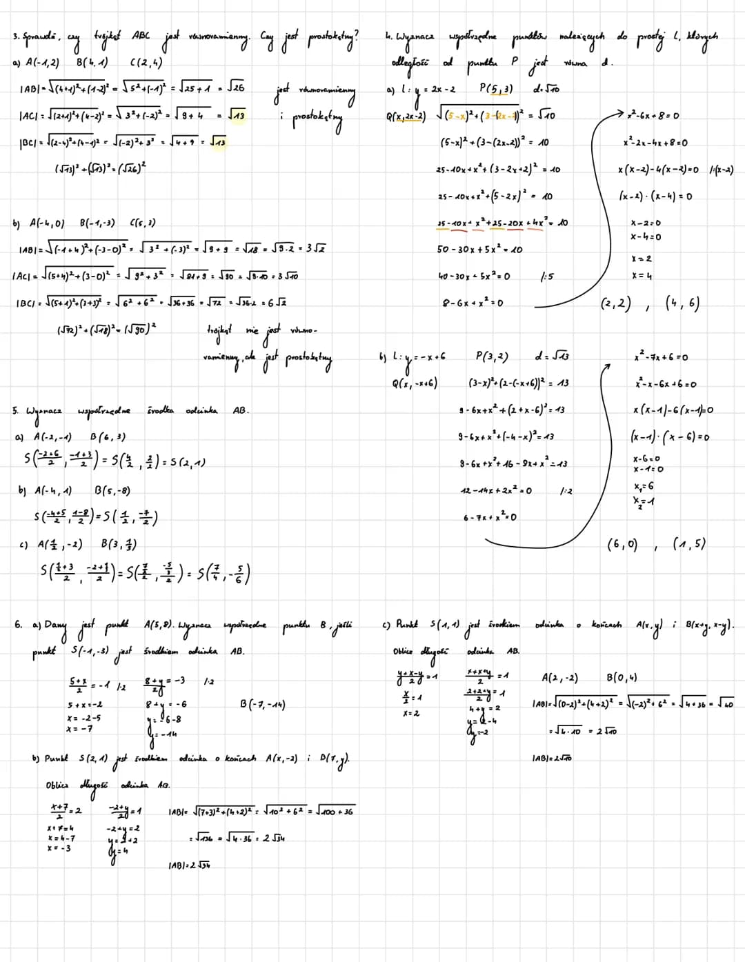 1. Oblice
Geometria analityczna
odległość między punktami Ai B
a) A(-3,-1), B(-5, -1)
|AB| = √ (-5-(-3))²+ (-1-(-1)²
|ABI= √(-2)² + (0)²
|AB