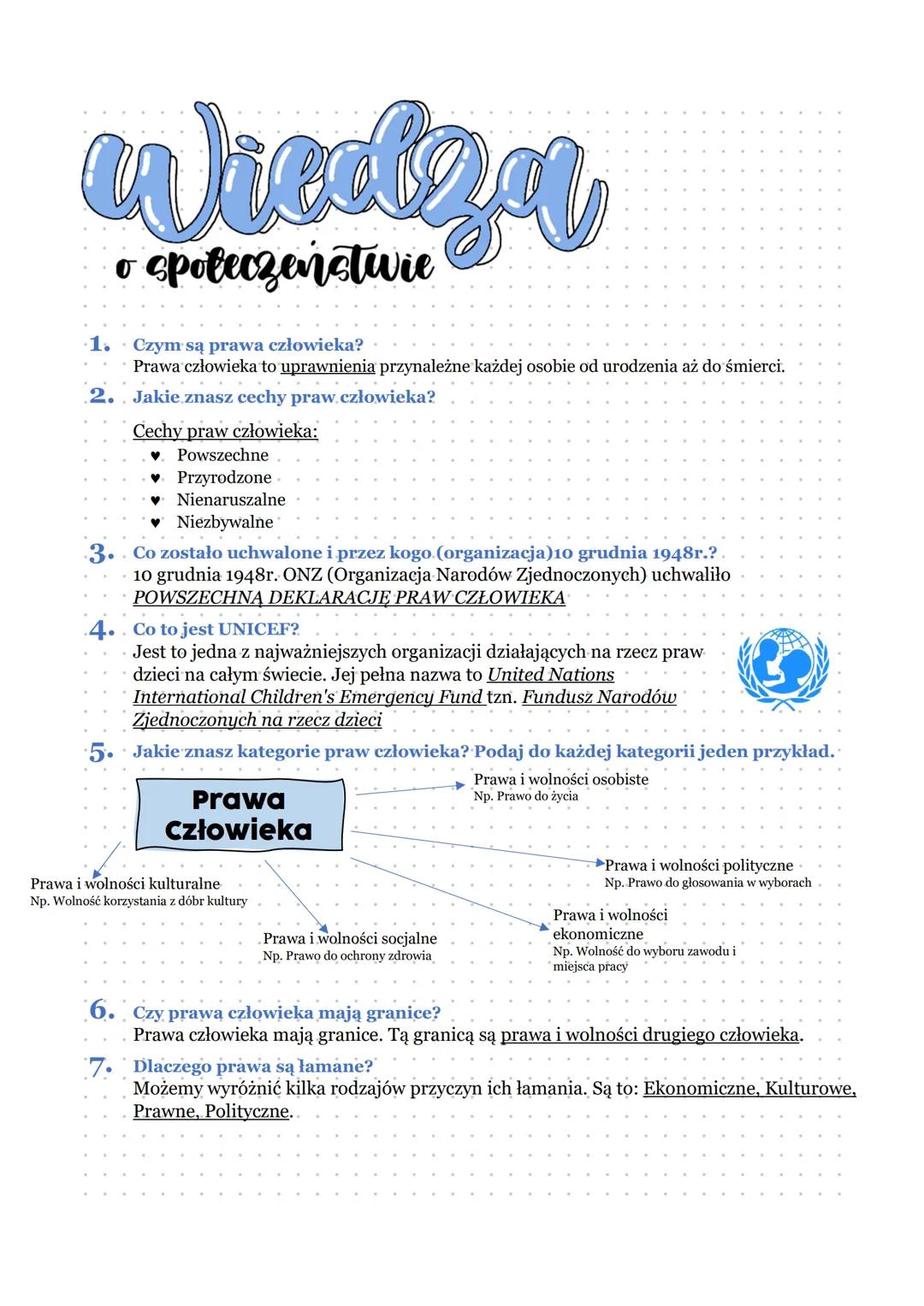 Wiedza
społeczeństwie
1. Czym są prawa człowieka?
Prawa człowieka to uprawnienia przynależne każdej osobie od urodzenia aż do śmierci.
2. Ja