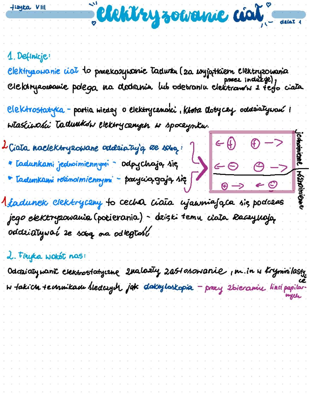 Elektrostatyka klasa 8 - notatki, ściąga i sprawdzian