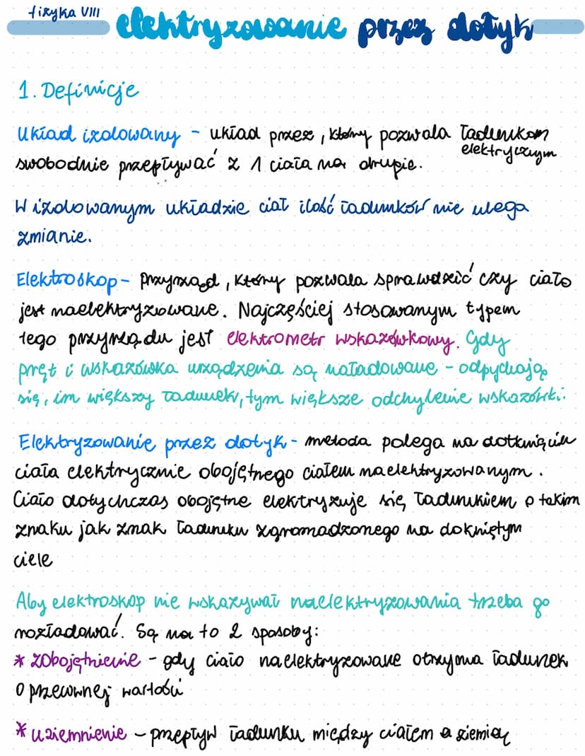 fizyka VIII
elektrysowanie ciał
1. Definicje:
elektrysowanie wał to przekazywanie ładunku (za wyjątkiem elektryzowania
przez indukye),
elekt