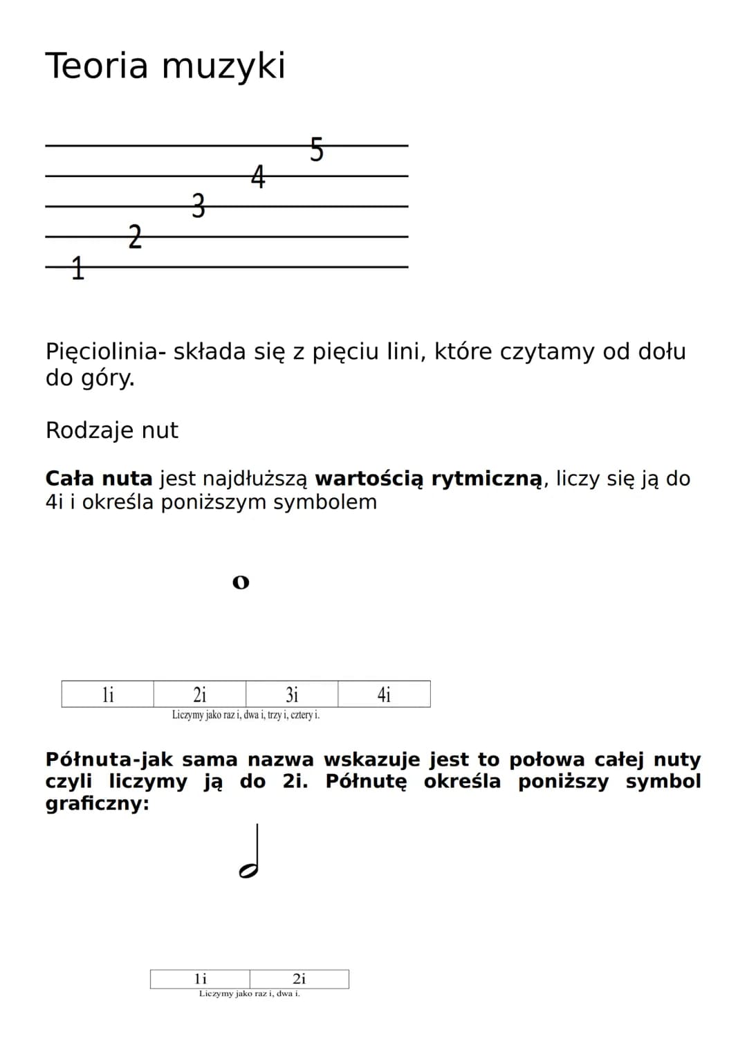Teoria muzyki
1
2
3
li
4
5
Pięciolinia- składa się z pięciu lini, które czytamy od dołu
do góry.
Rodzaje nut
Cała nuta jest najdłuższą warto