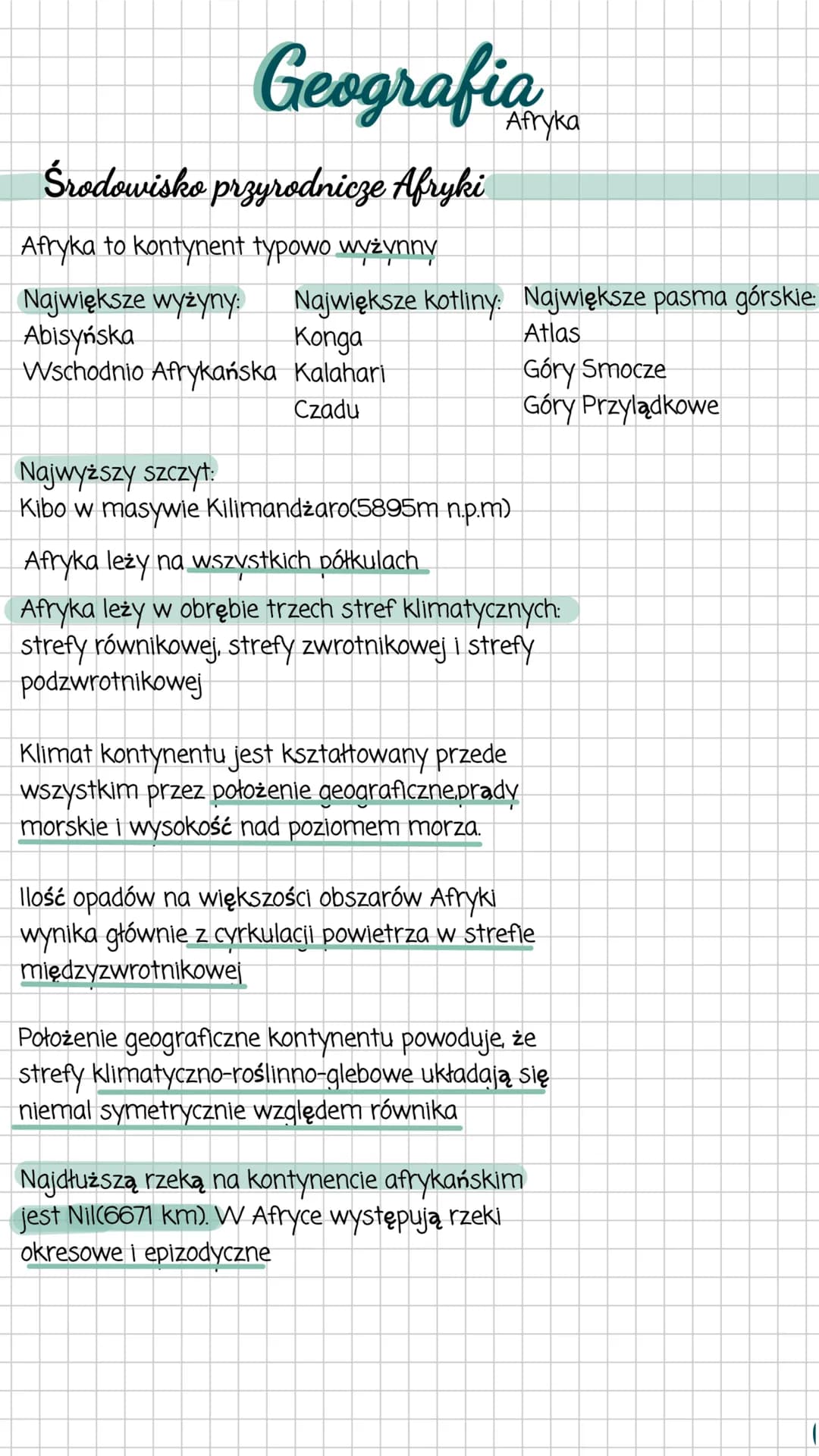 Geografia
Afryka
Środowisko przyrodnicze Afryki
Afryka to kontynent typowo wyżynny
Największe wyżyny: Największe kotliny: Największe pasma g