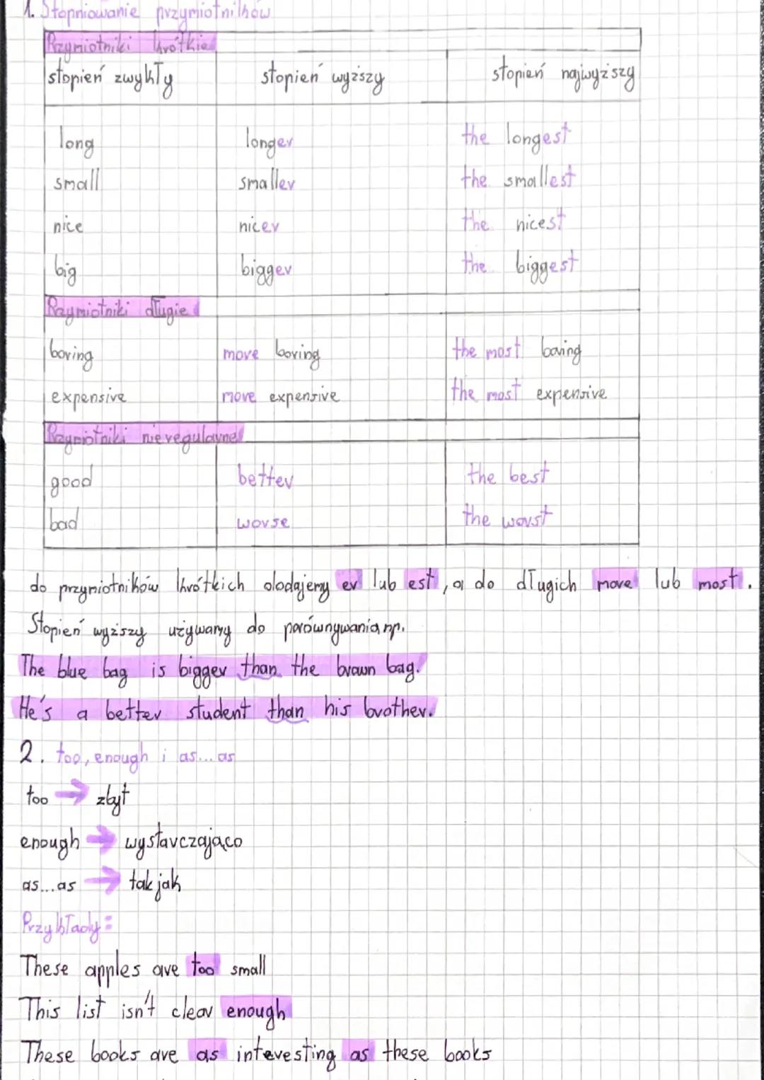 1. Stopniowanie przymiotni how
stopien zwукту
long
small
nice
big
Raymiotniki długie (
boring
expensive
Rzymiotniki nieregularne
good
bad
a
