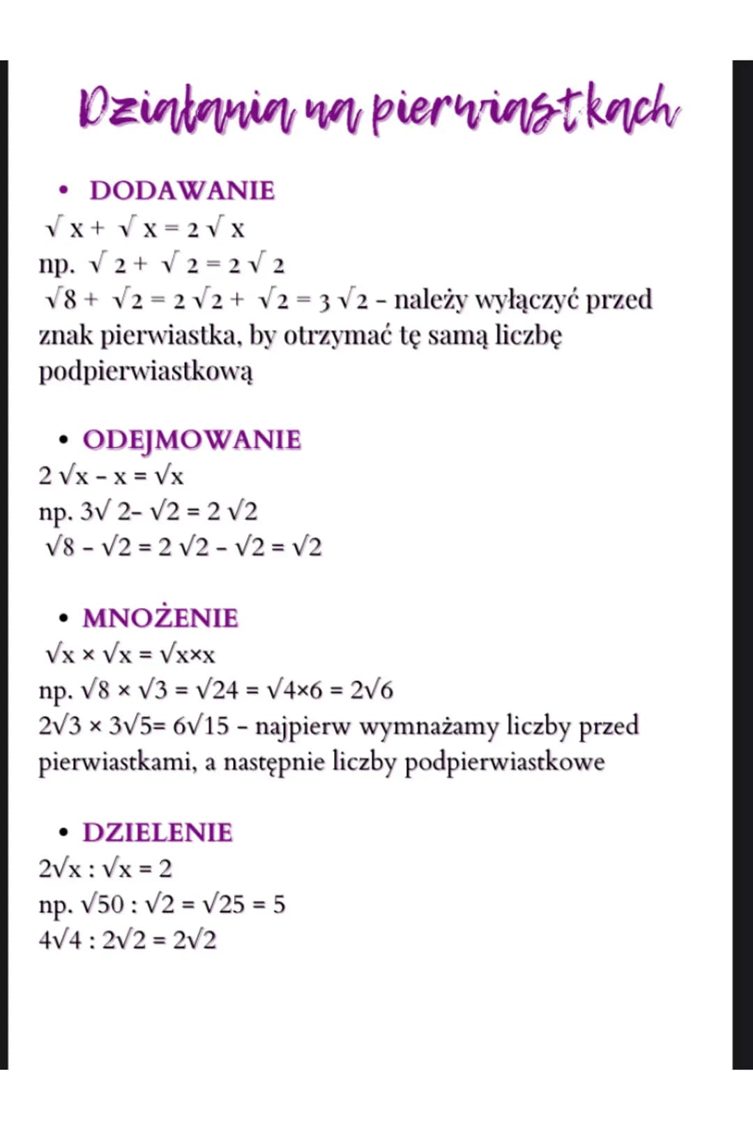 Działania na pierwiastkach
• DODAWANIE
√x + √x = 2√x
np. √2 + √2 = 2√2
√8+ √2= 2√2 + √2=3√2- należy wyłączyć przed
znak pierwiastka, by otrz