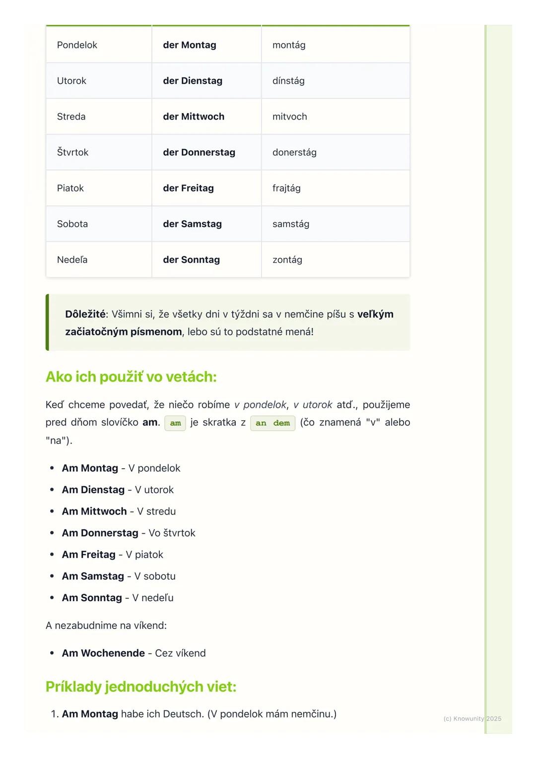 # Dni v týždni

1. Prehľad dní v týždni

Ahojte! Dnes si ideme zopakovať a naučiť sa dni v týždni po nemecky. Je to
super dôležité, lebo v n