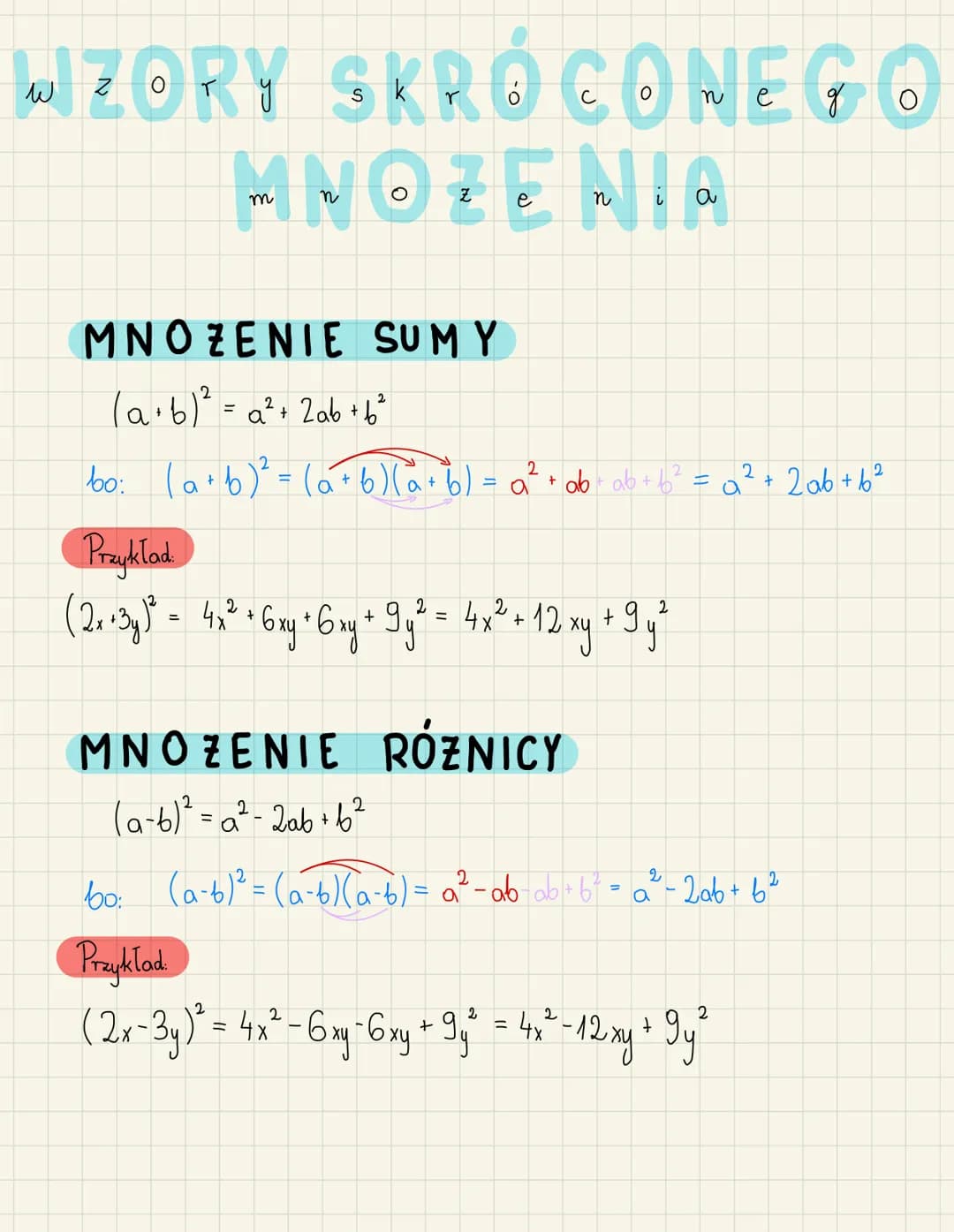 WIZORY SKRÓCONEGO
MNOZENIC
આ પર
MNOZENIE SUMY
2
(a + b)² = a² + 2ab + b²
2
bọ: latb) = lát b) lãi bị ả
+
+
ab ab + b²
Przyklad
( 2₁ · 3y)² =