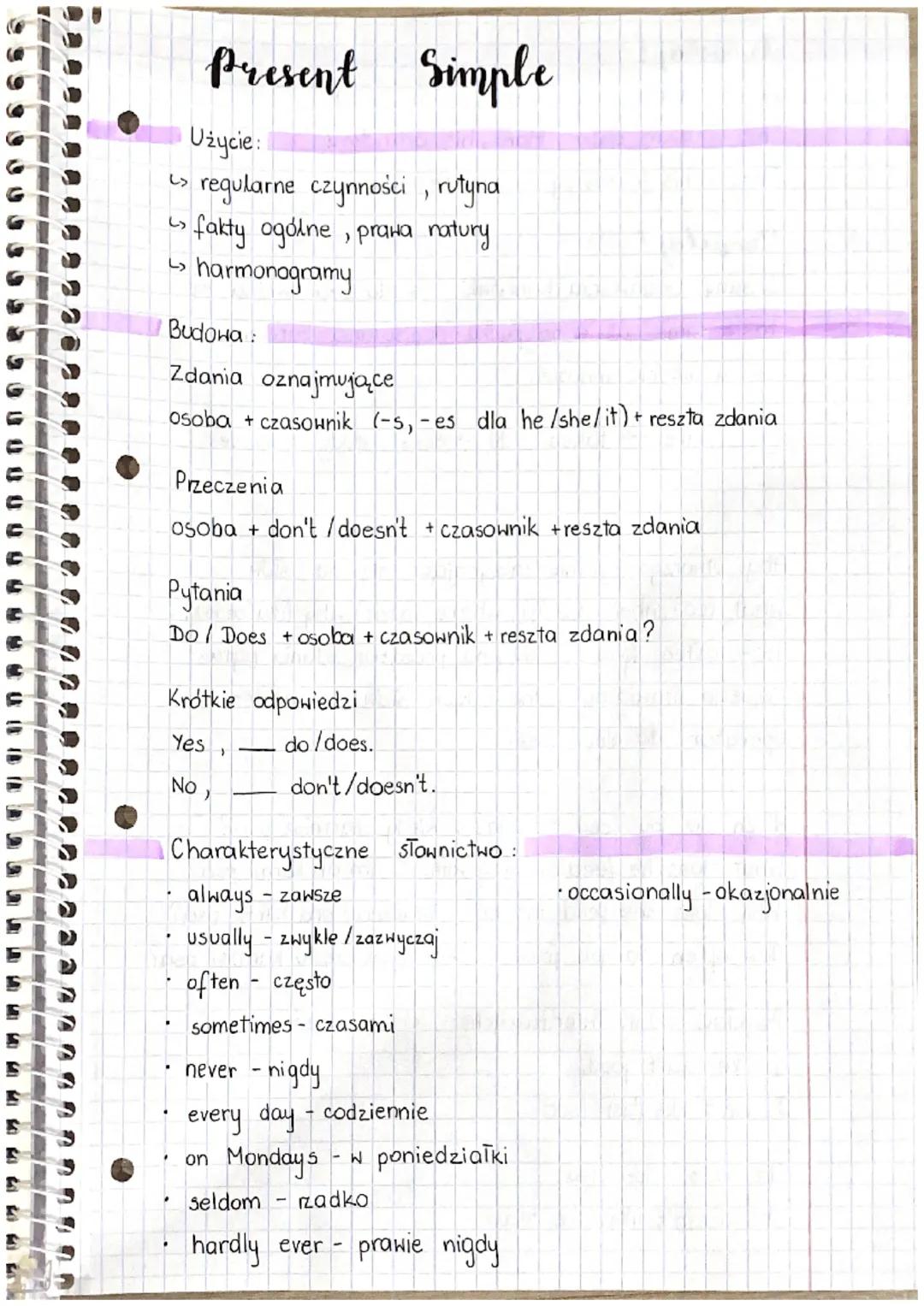 000
Present Simple
Użycie:
> reqularne czynności, rutyna
fakty ogólne, prawa natury
harmonogramy
Budowa:
Zdania oznajmujące
osoba + czasowni