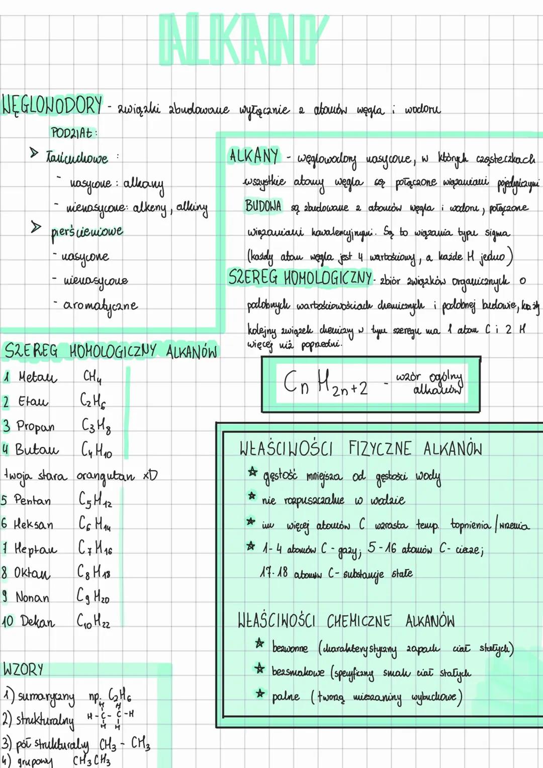 # ALKANY

WĘGLOWODORY - związki zbudowane wyłącznie 2 atawów węgla : wodoru

POD21A:
> Taricuchowe:

- nasycone: alkany
- nienasycone: alken