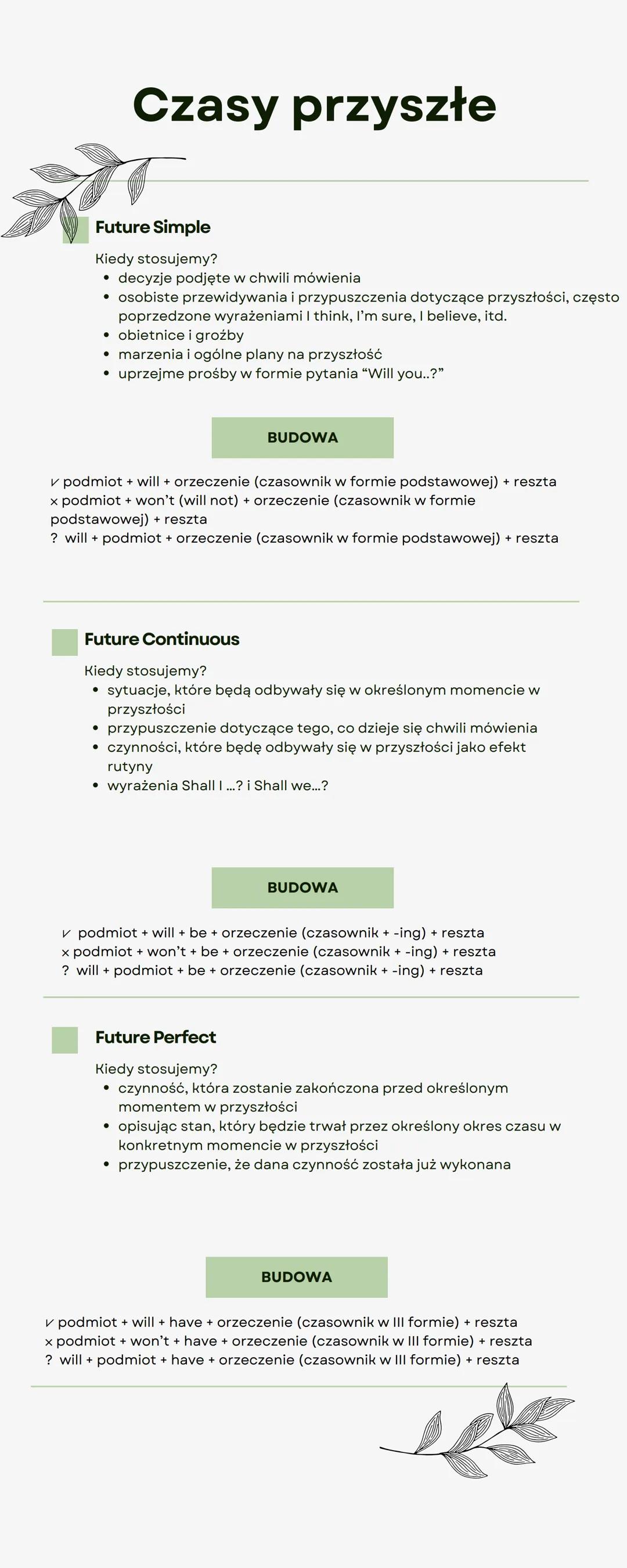 Future Simple
Kiedy stosujemy?
●
decyzje podjęte w chwili mówienia
• osobiste przewidywania i przypuszczenia dotyczące przyszłości, często
p