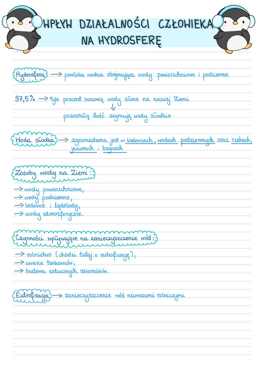 WPŁYW DZIAŁALNOŚCI CZŁOWIEKA
NA HYDROSFERĘ
Hydrosfera} → powłoka Hodna obejmująca wody powierzchniowe i podziemne.
->
97,5% → tyle procent s