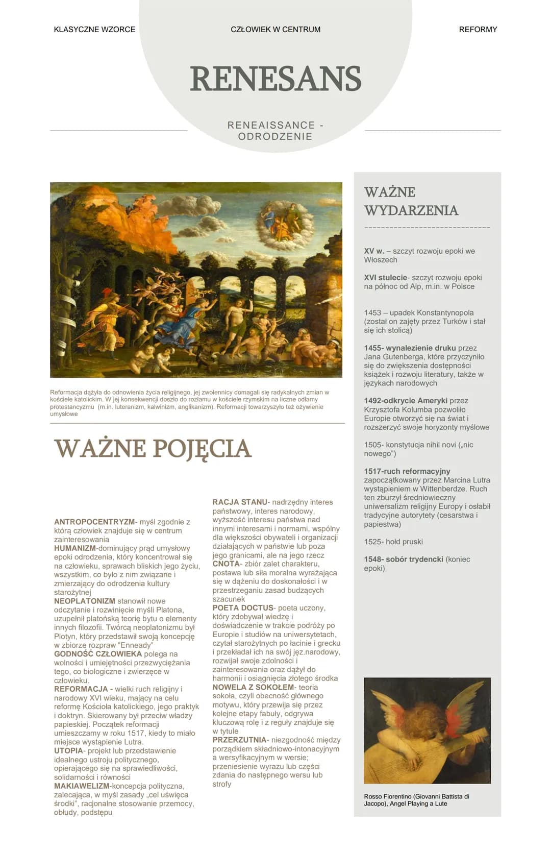 KLASYCZNE WZORCE
ANTROPOCENTRYZM- myśl zgodnie z
którą człowiek znajduje się w centrum
zainteresowania
RENESANS
RENEAISSANCE -
ODRODZENIE
Re