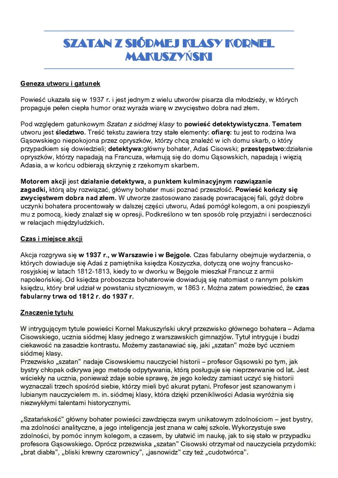 Szatan z siódmej klasy K. Makuszyński 