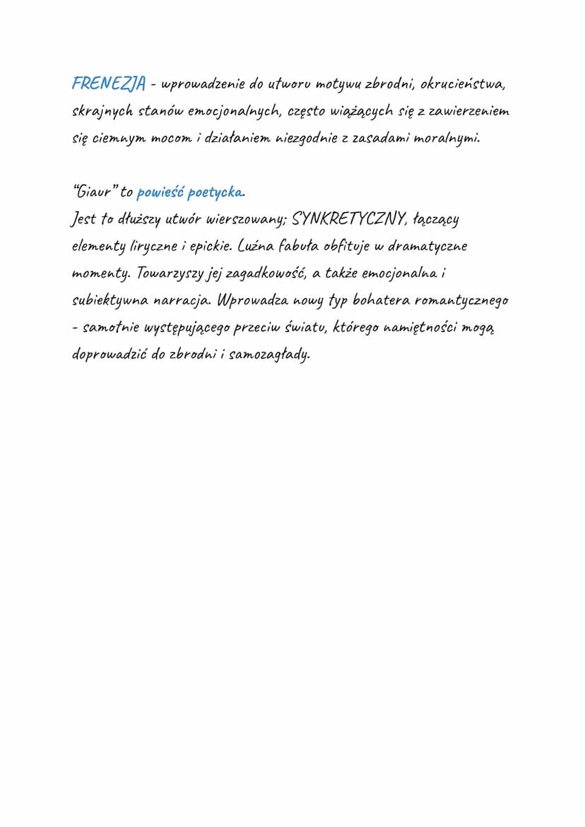 
<p>Przykład bohatera bajronicznego można znaleźć w poemacie "Giaur" autorstwa George'a Byrona. Główny bohater, Giaur, posiada wiele cech ty