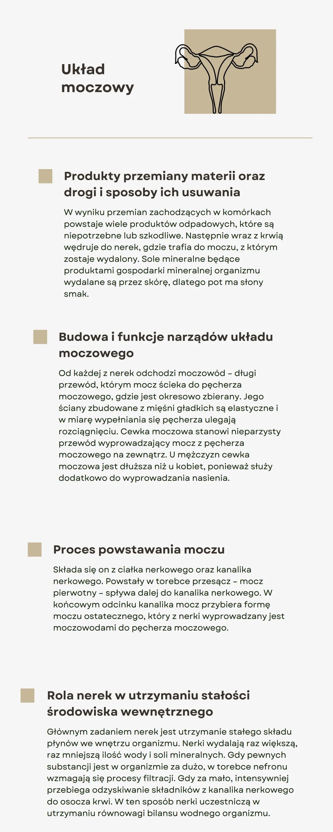
<p>Układ moczowy jest odpowiedzialny za usuwanie produktów przemiany materii oraz drogą, i sposoby ich usuwania. W komórkach powstaje wiele