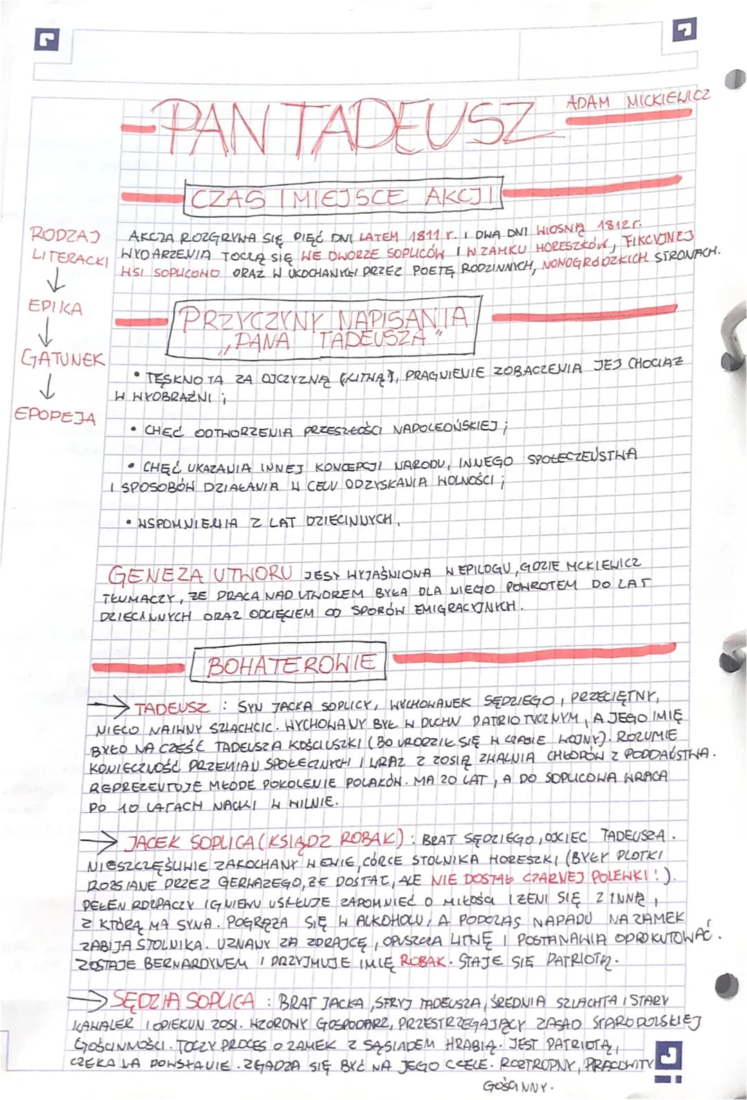 7
RODZAJ
LITERACKI
✓
ΕΡΙΚΑ
GATUNEK
↓
EPOPEJA
-PAN TADEUSZ
CZAS I MIEJSCE AKCJI
AKCZA ROZGRYWA SIĘ PIĘĆ DNI LATEM 1811 r. I OWA DNI WIOSNA 18