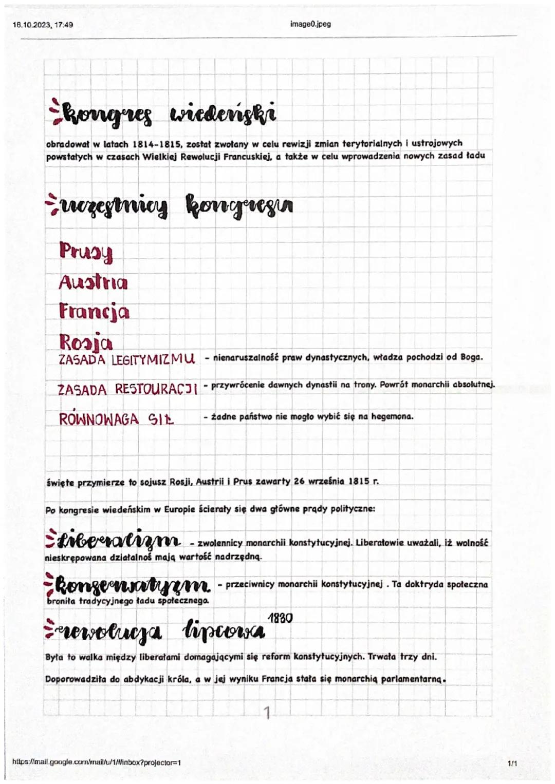 16.10.2023, 17:49
kongres wiedeńiski
obradowat w latach 1814-1815, został zwołany w celu rewizji zmian terytorialnych i ustrojowych
powstały