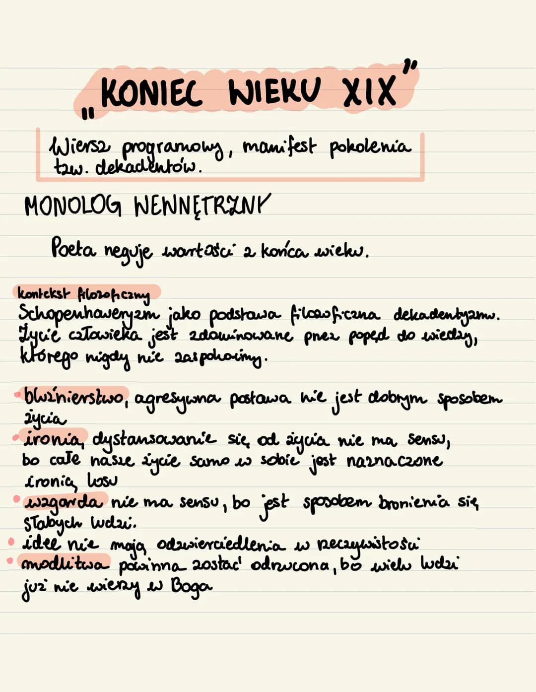 20
KONIEL WIERU XIX
10
Wiersz programowy, manifest pokolenia
tzw. dekadentów.
MONOLOG WEWNĘTRZNY
Poeta neguje wartości 2 końca wieku.
kontek
