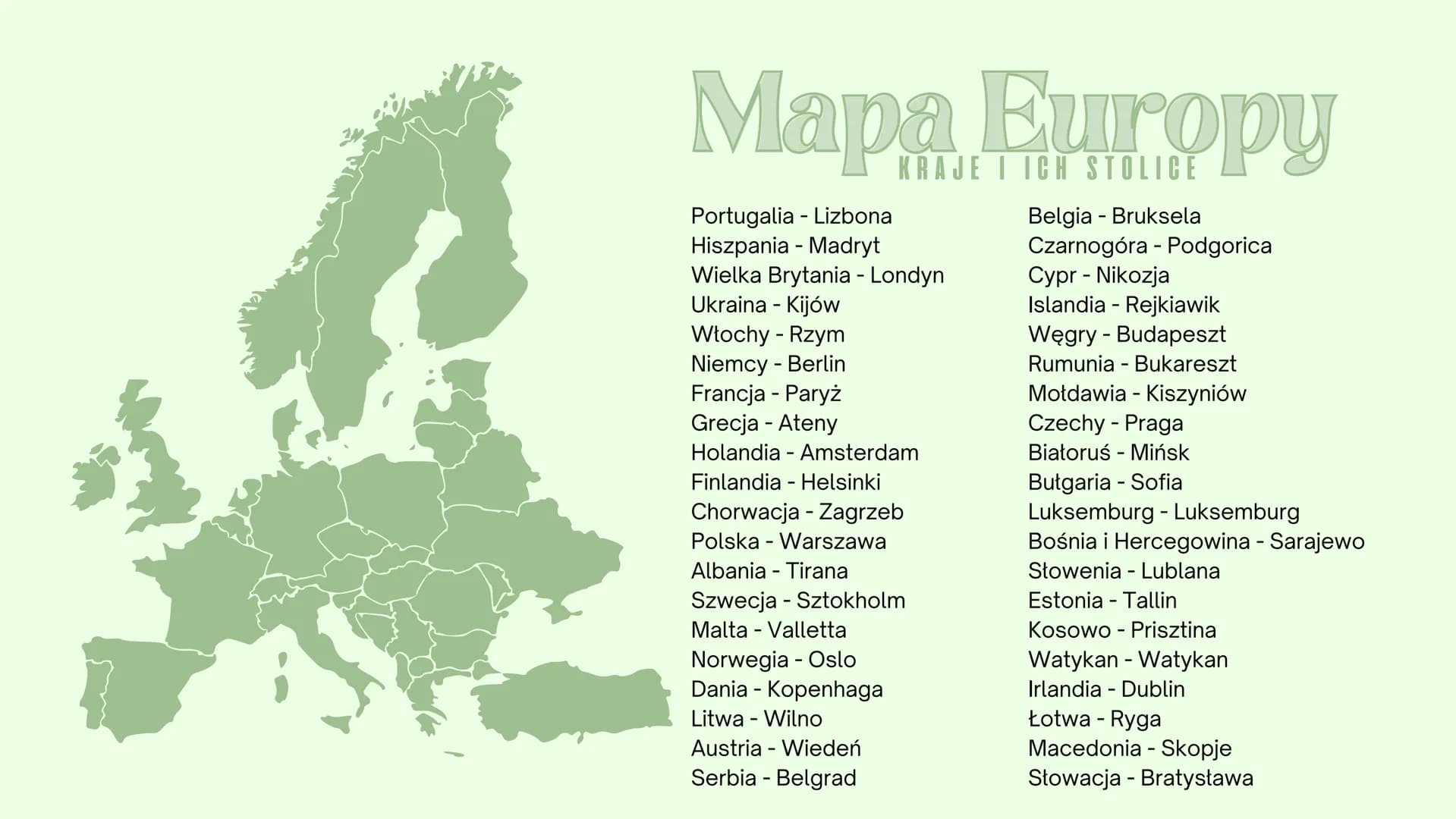 Mapa
Portugalia - Lizbona
Hiszpania - Madryt
Wielka Brytania - Londyn
Ukraina - Kijów
Włochy - Rzym
Niemcy - Berlin
KRAJE I ICH STOLICE
Belg