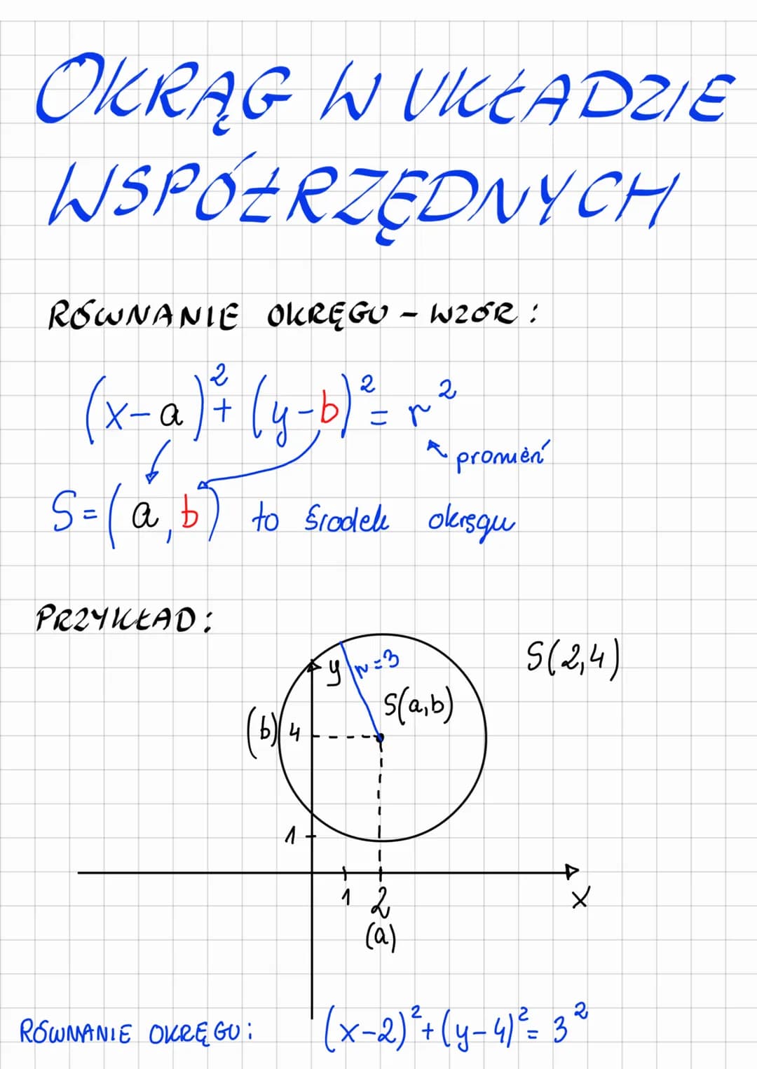 OKRĄG W UKŁADZIE
WSPÓŁRZĘDNYCH
ROWNANIE OKRĘGU - WZÓR:
2
2
2
(x-a) ²+ (y-b) ²= F x promene
t
S= (a, b) to środek okrsqu
PRZYKŁAD:
ROWNANIE O