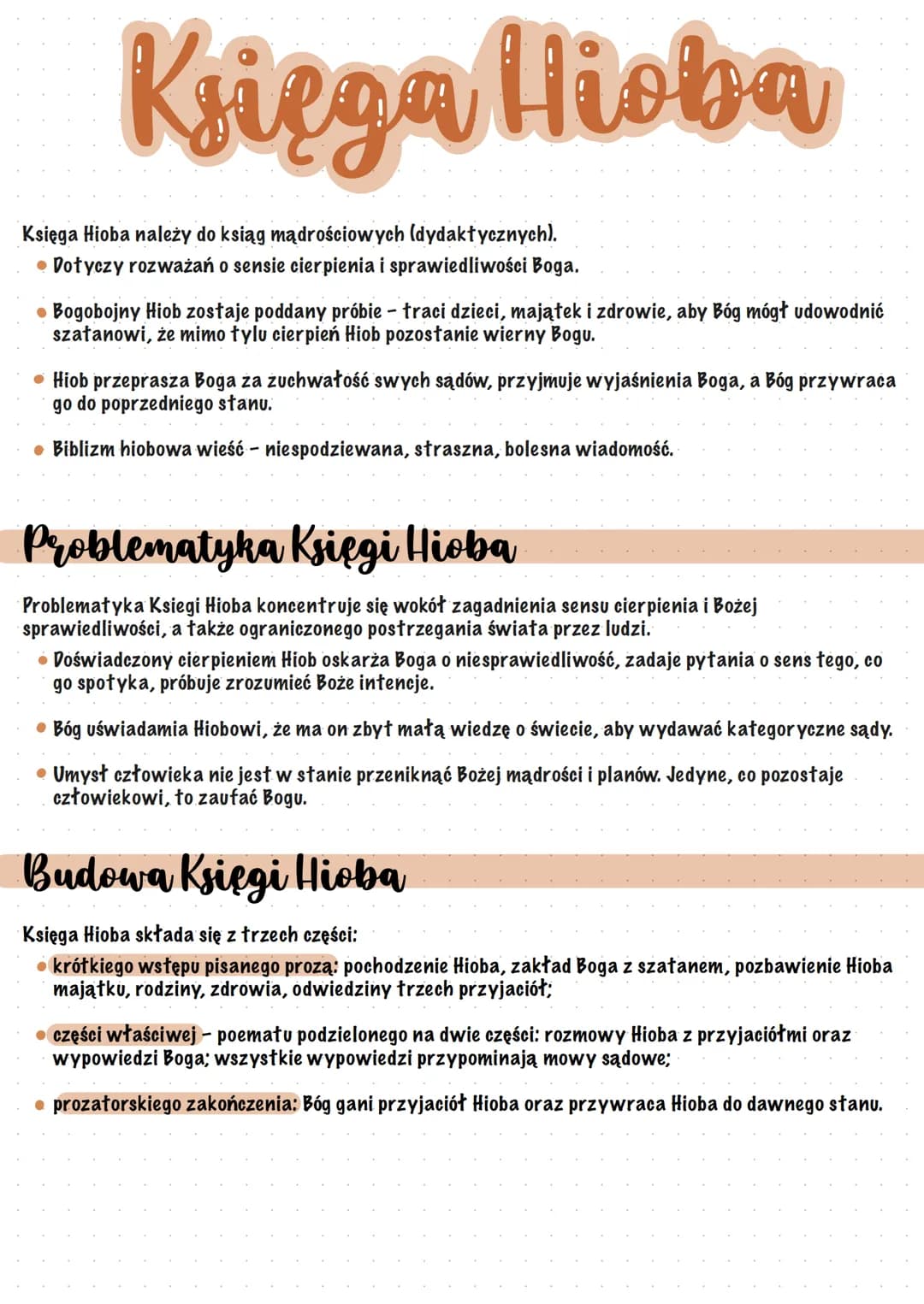 Księga Hioba
Księga Hioba należy do ksiąg mądrościowych (dydaktycznych).
• Dotyczy rozważań o sensie cierpienia i sprawiedliwości Boga.
● Bo