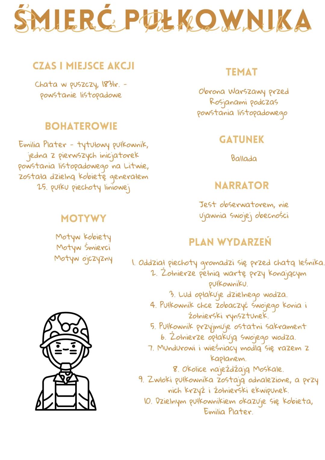 ŚMIERĆ PUŁKOWNIKA
CZAS I MIEJSCE AKCJI
Chata w puszczy, 1831r. -
Powstanie listopadowe
BOHATEROWIE
Emilia Plater- tytułowy pułkownik,
jedna 