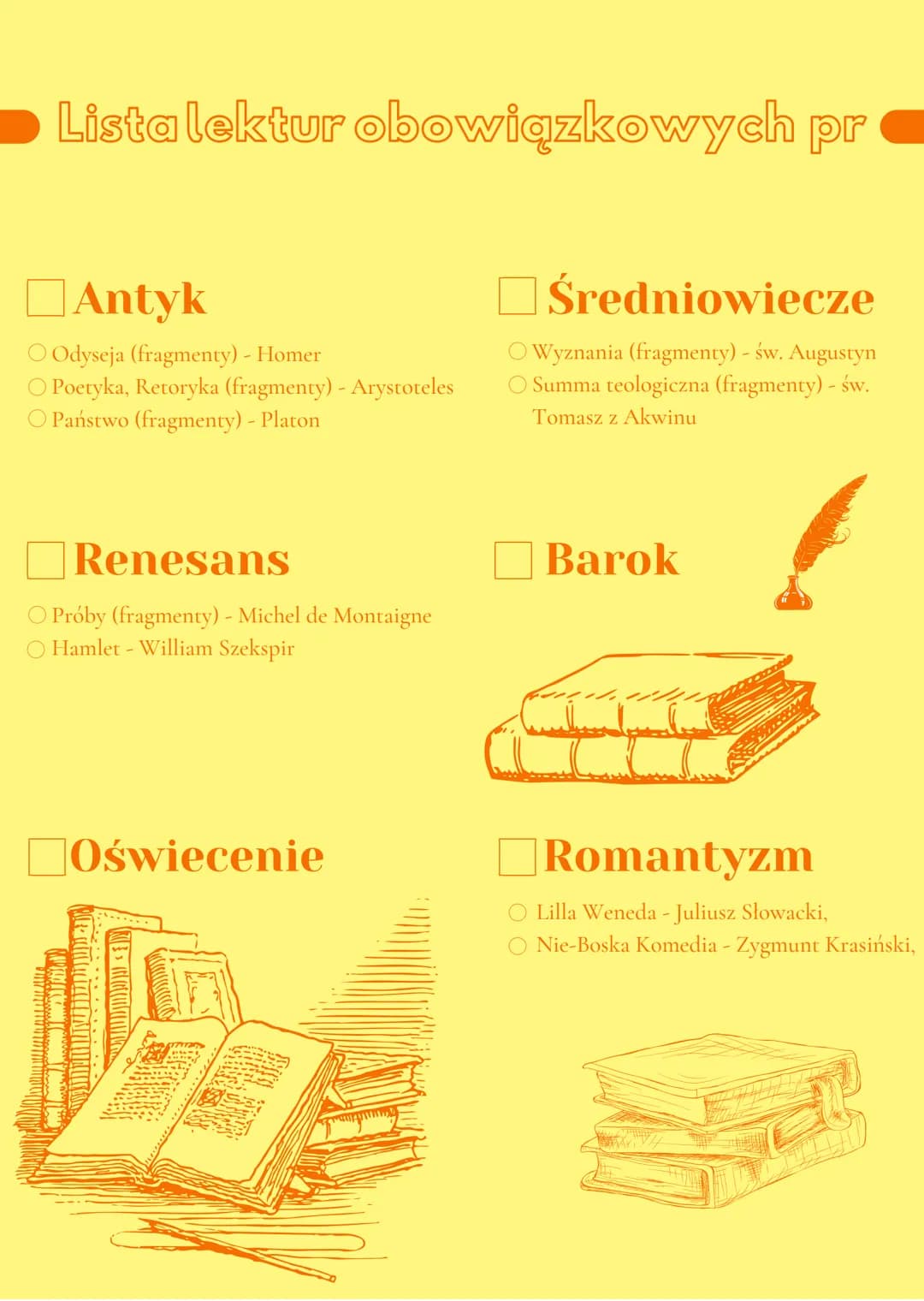 Lista lektur obowiązkowych pr
Antyk
Odyseja (fragmenty) - Homer
O Poetyka, Retoryka (fragmenty) - Arystoteles
O Państwo (fragmenty) - Platon