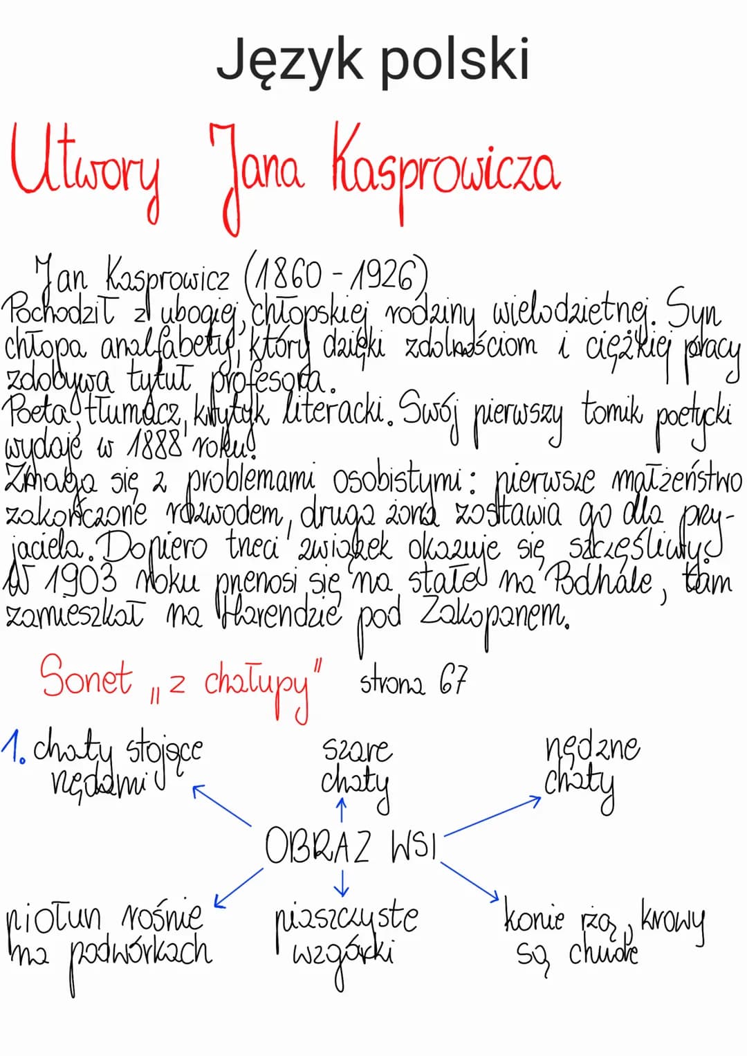 Język polski
Utwory Jana Kasprowicza
Jan Kasprowicz (1860-1926)
Pochodził z ubogiej, chłopskiej rodziny wielodzietnej. Syn
chłopa analfabety