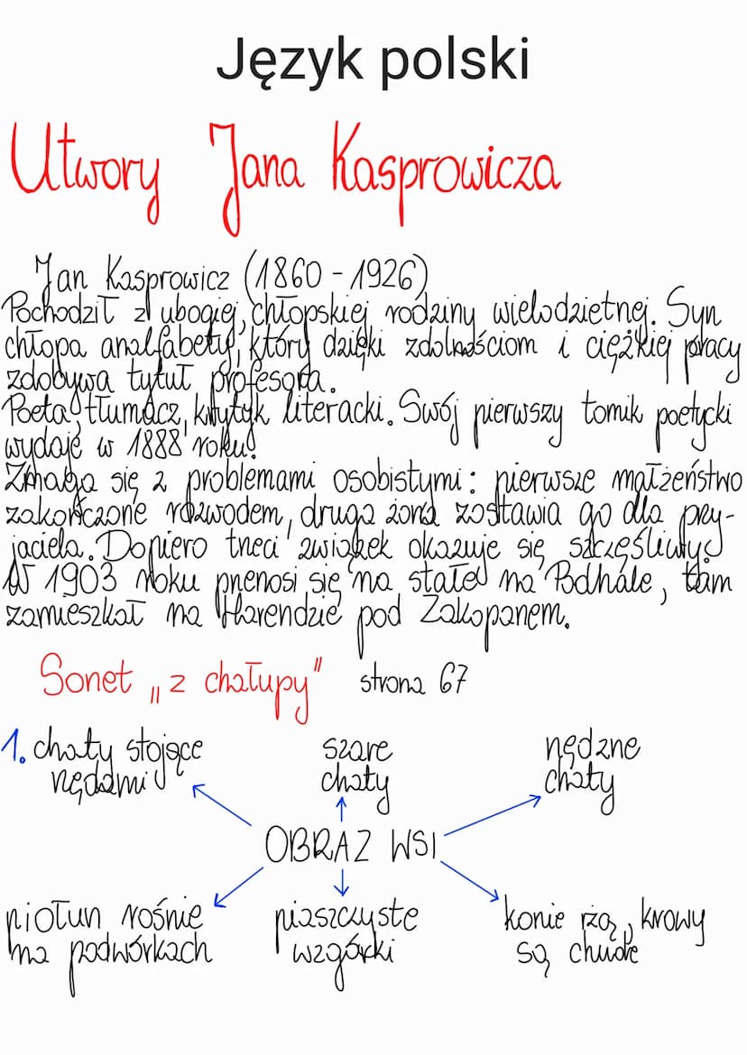 Język polski
Utwory Jana Kasprowicza
Jan Kasprowicz (1860-1926)
Pochodził z ubogiej, chłopskiej rodziny wielodzietnej. Syn
chłopa analfabety