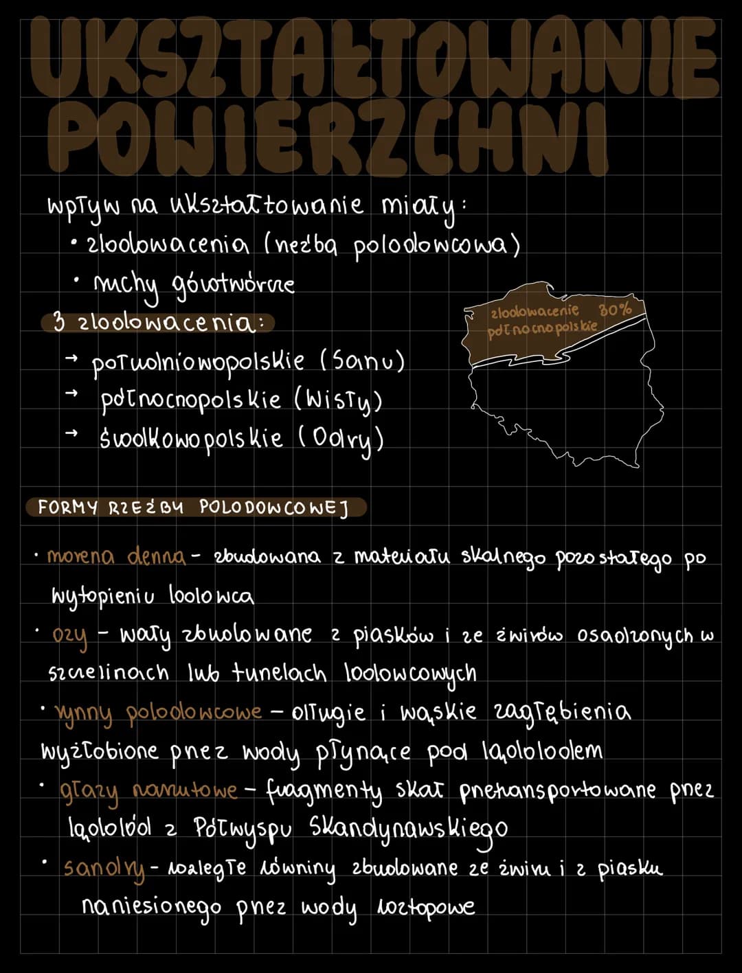 UKSZTAŁTOWANIE
POWIERZCHNI
wpływ na ukształtowanie miały:
• zlodowacenia (nezba polodowcowa).
• muchy gówotwórcze
3 2loolowacenia:
.
↑
potuo