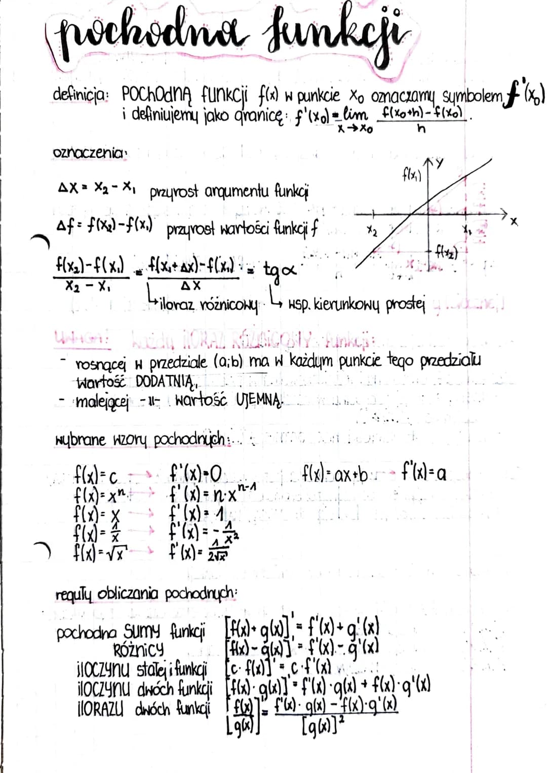 pochodna sunkeji
definicia: Pochodną funkcji f(x) w punkcie Xo oznaczamy symbolem f(x)
i definiujemy jako granice: f'(x) = lim f(xo+h)-f(xo)