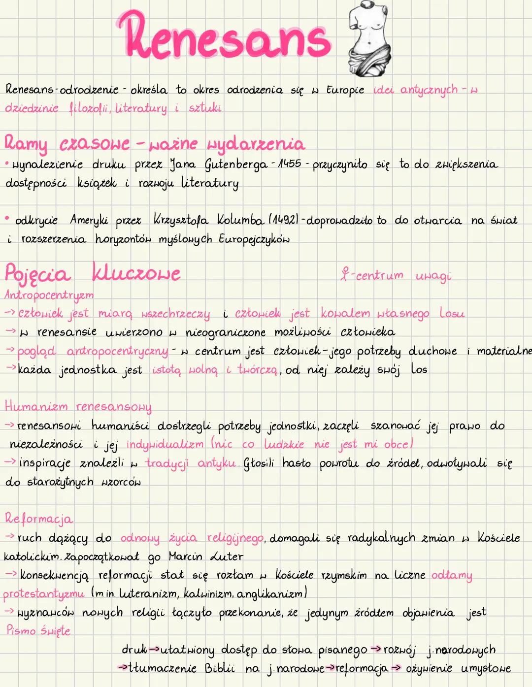 Renesans
Renesans-odrodzenie - określa to okres odrodzenia się w Europie idei antycznych - w
dziedzinie filozofii, literatury i sztuki
Ramy 