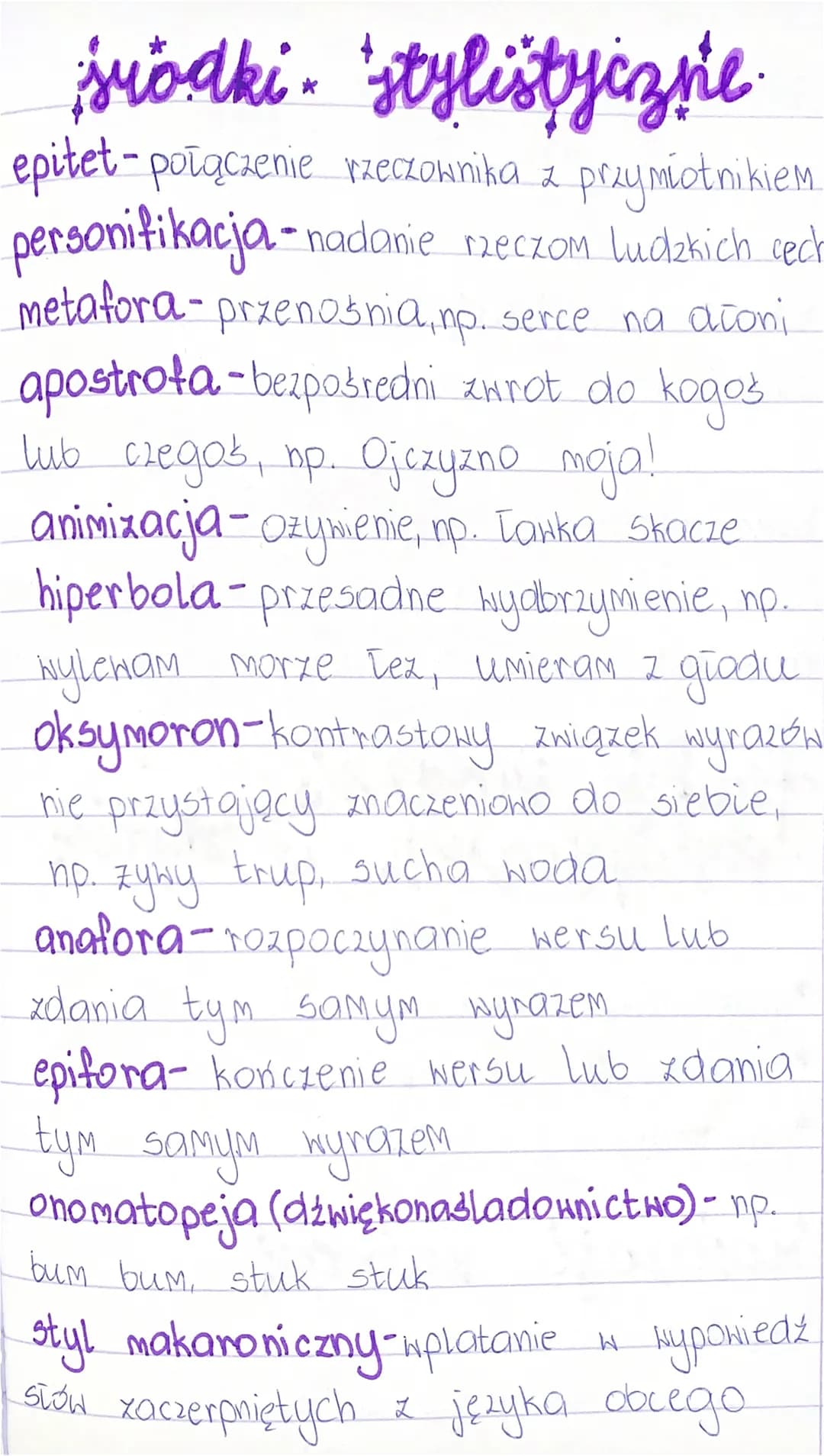 suodki stylistyczne
epitet - połączenie rzeczownika z przymiotnikiem
personifikacja-nadanie rzeczom ludzkich cech
metafora - przenośnia, np.