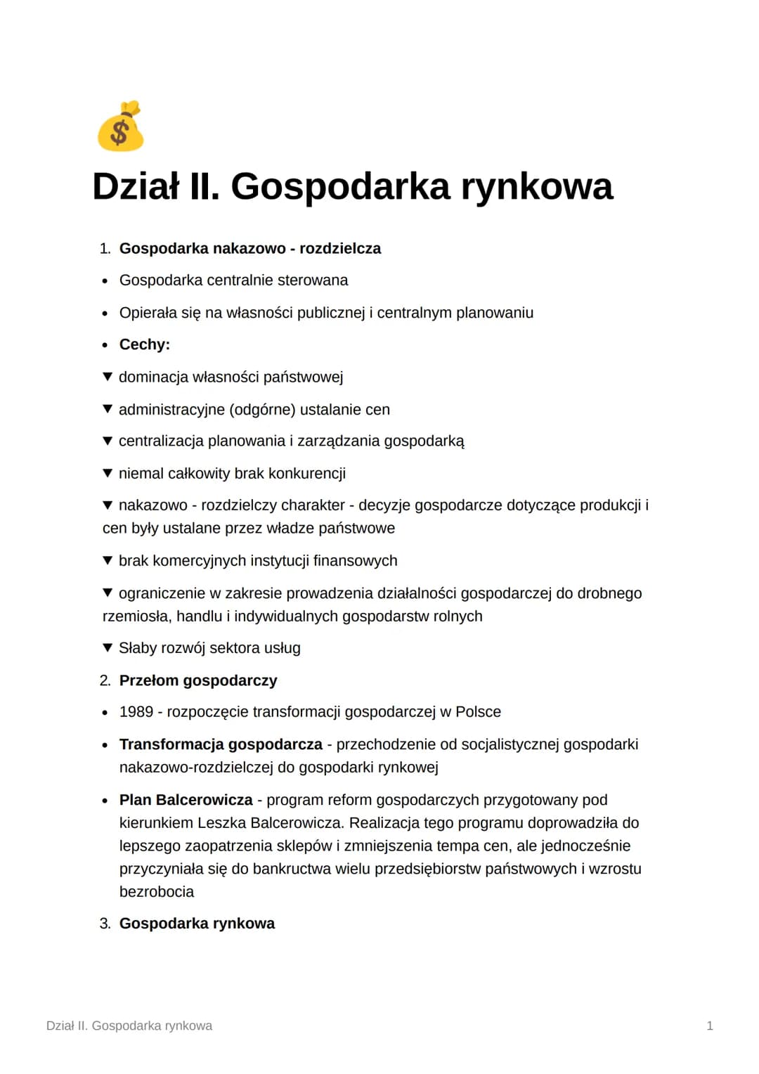 Dział II. Gospodarka rynkowa
1. Gospodarka nakazowo - rozdzielcza
Gospodarka centralnie sterowana
Opierała się na własności publicznej i cen