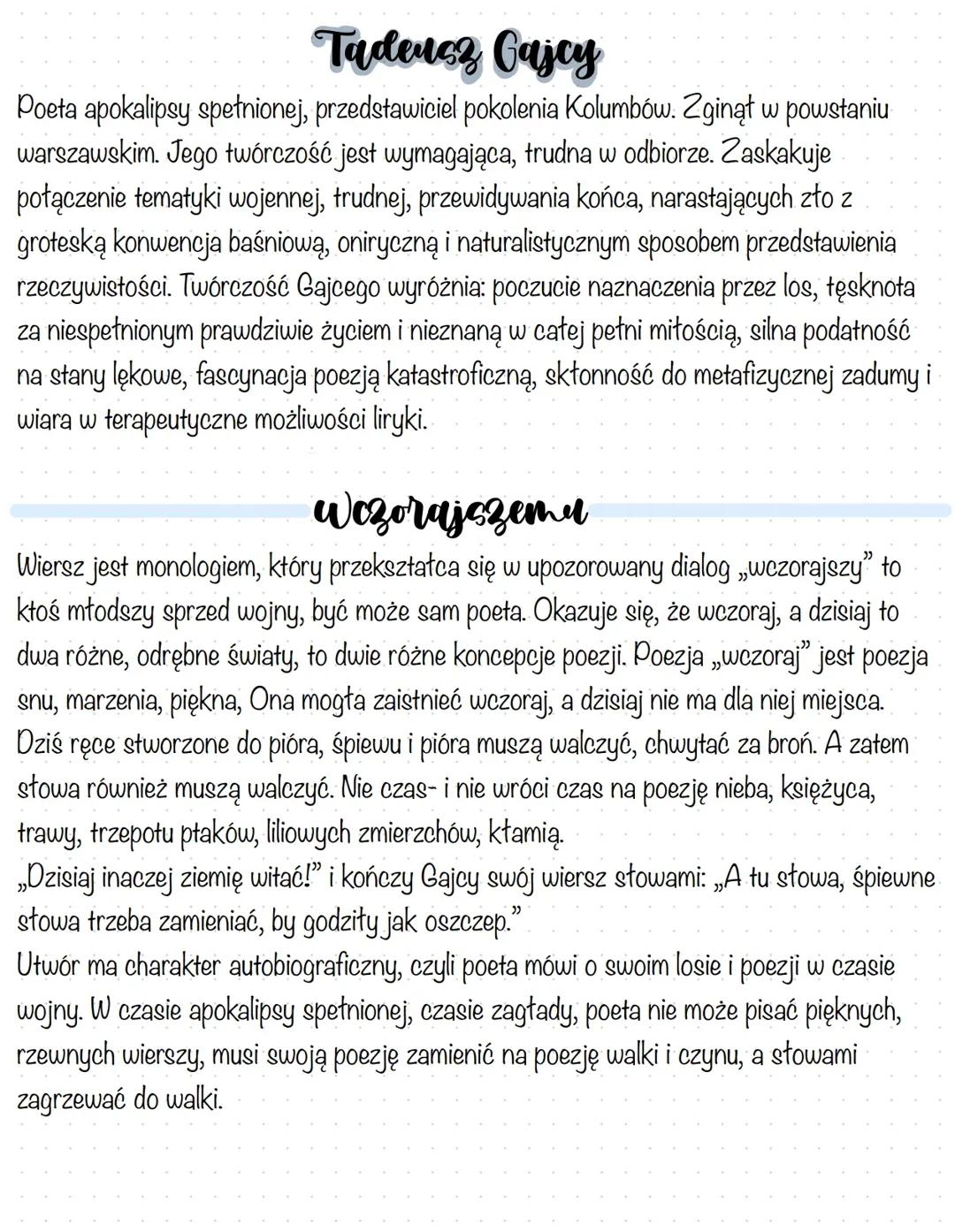 Tadeusz Gajcy ,,Wczorajszemu”, ,,Widma. Poemat”.