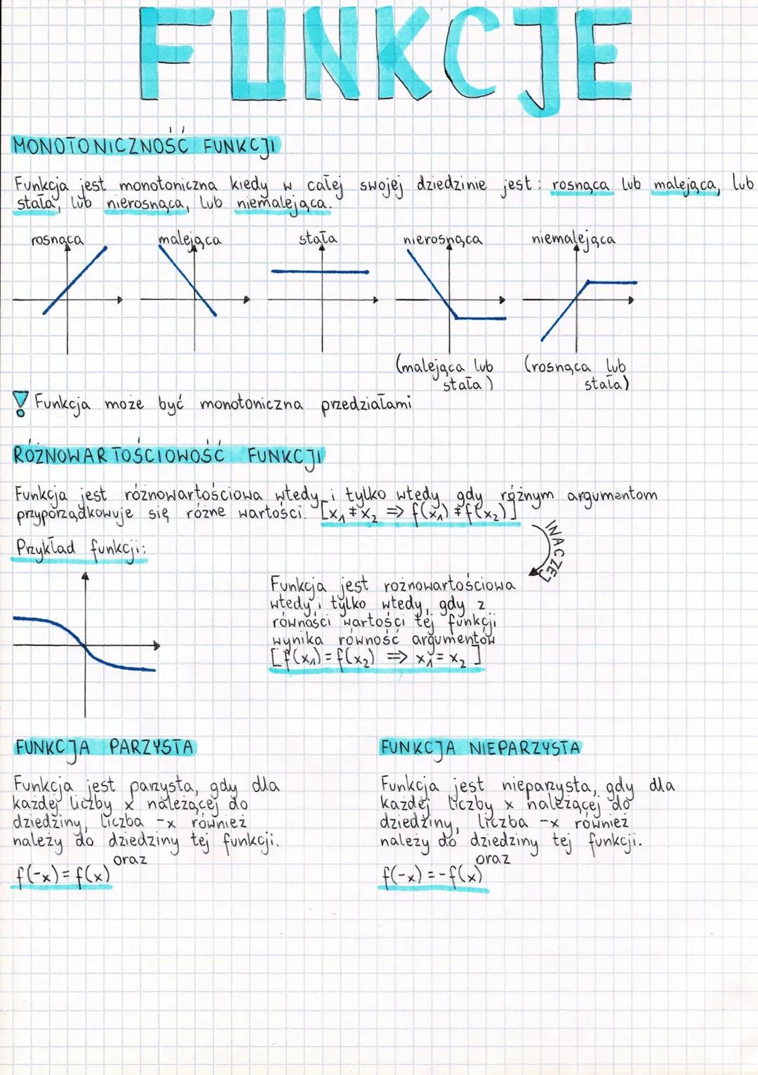 # FUNKCJE

MONOTONICZNOŚĆ FUNKCJI

Funkcja jest monotoniczna kiedy w całej swojej dziedzinie jest rosnąca lub malejąca, lub
stała lub nieros