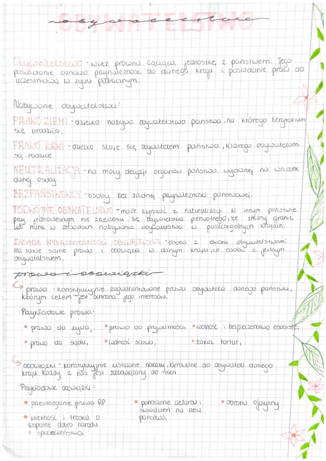 ову
į
Obywatelstwo - wież prowna čącząca jednostke, z państwem. Jego
posiadanie oznacza przynależność do danego kraju. posiadanie praw do
uc