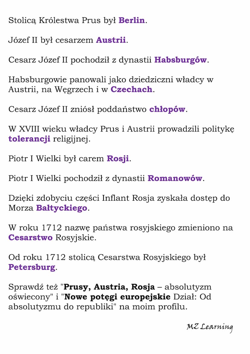 Prusy, Austria, Rosja -
absolutyzm oświecony -
Fryderyk II Wielki był królem
Prus.
Austrii.
Rosji.
Test
Fryderyk II Wielki pochodził z dynas